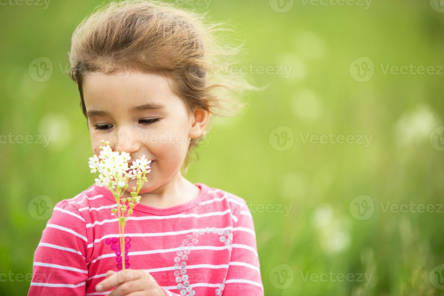 Porträt eines süßen Mädchens im Feld mit einer wilden Blume. Kindheit, Urlaub auf dem Land, Freiheit und Sorglosigkeit. Sommerzeit. Internationaler Kindertag. Mückenschutz, Hüttenkern. Platz kopieren foto