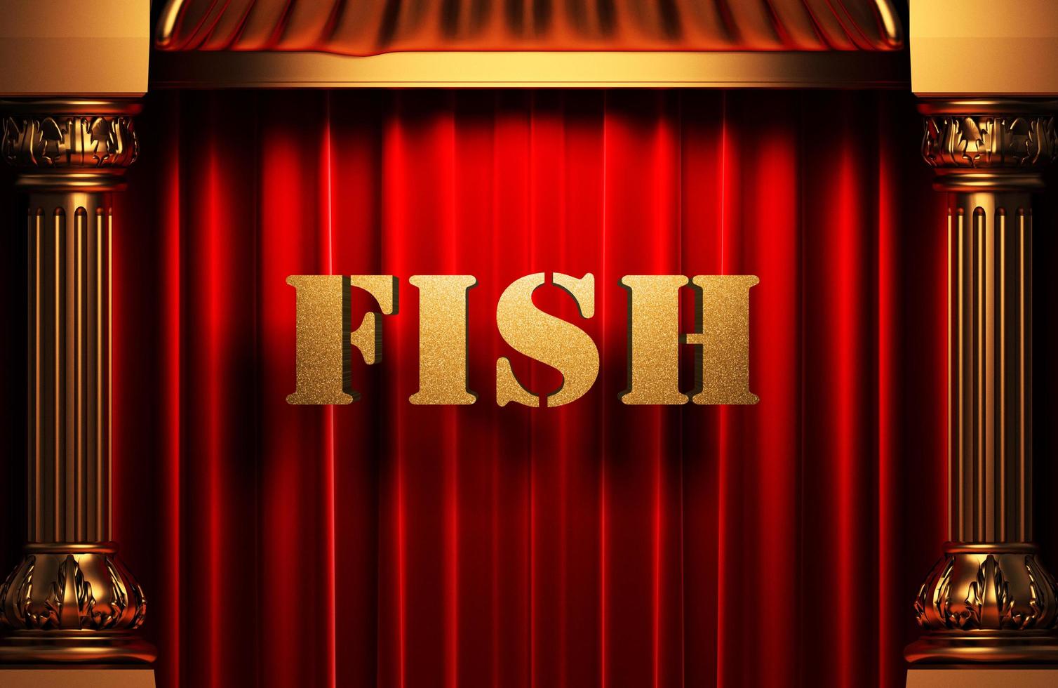 Fisch goldenes Wort auf rotem Vorhang foto