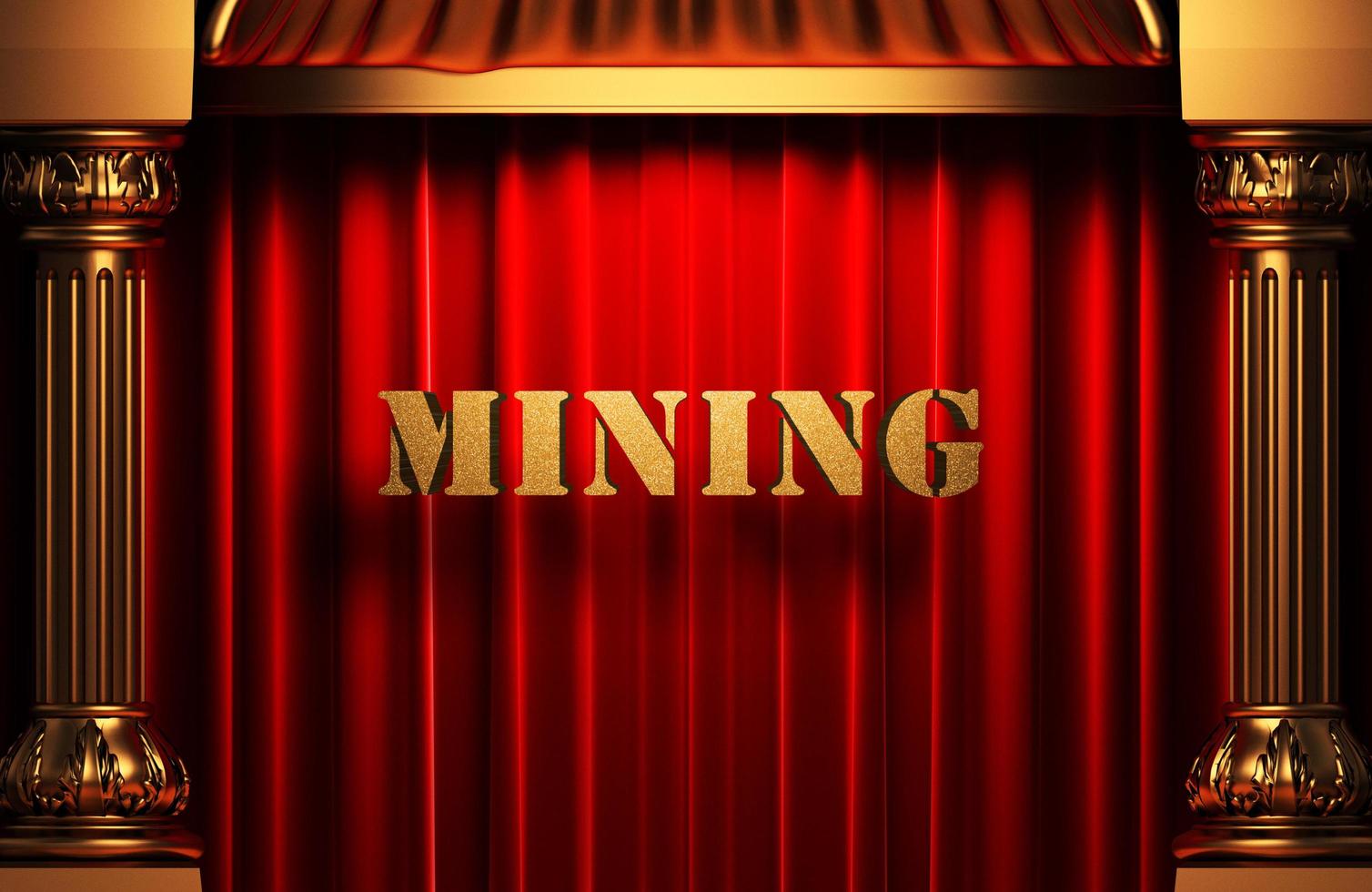 Bergbau goldenes Wort auf rotem Vorhang foto