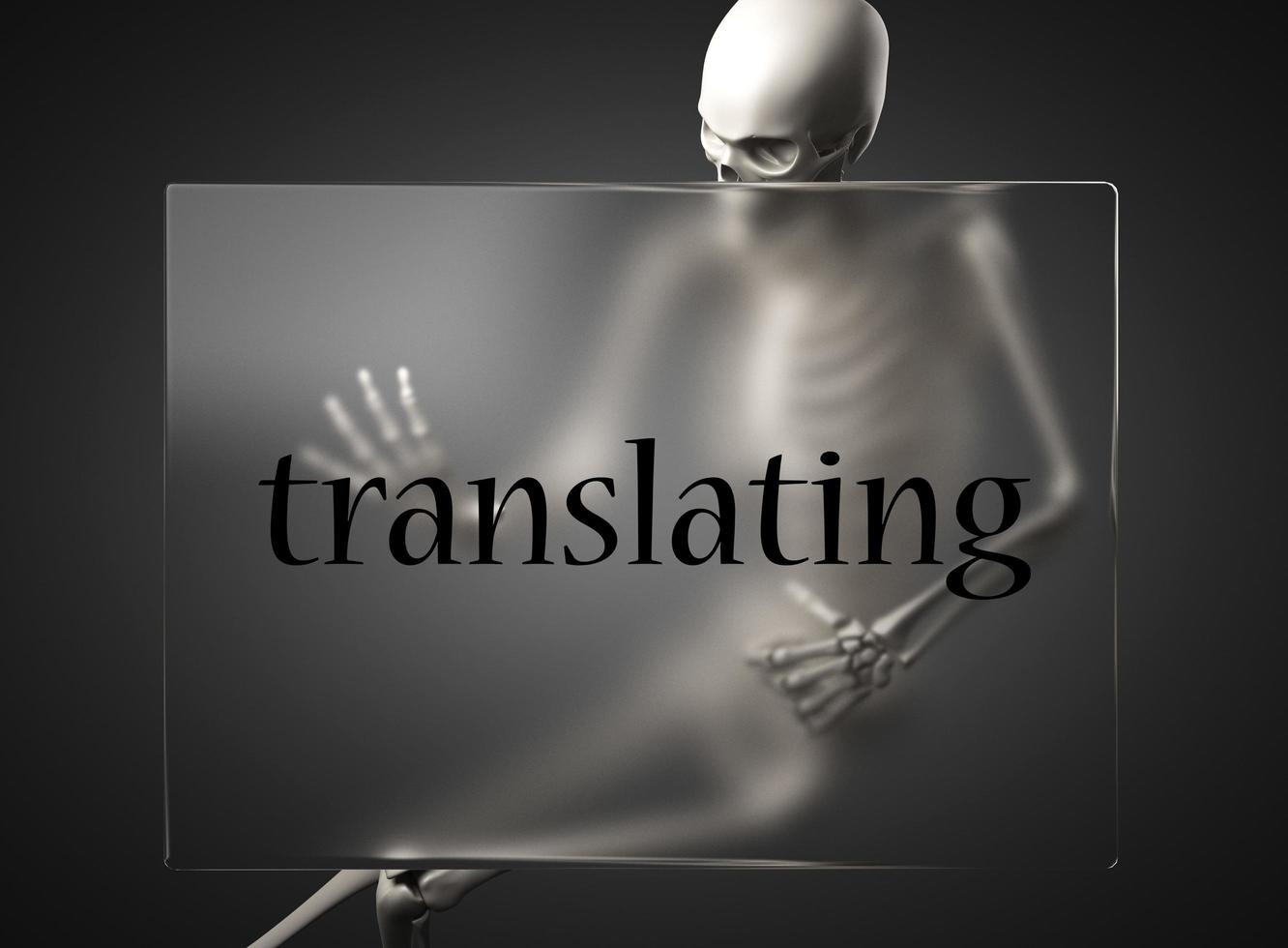 Wort auf Glas und Skelett übersetzen foto