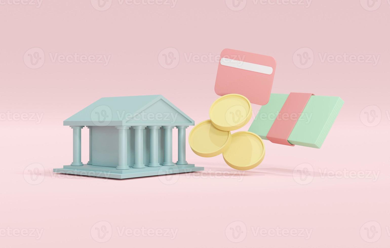 3D-Rendering-Konzept des Online-Banking-Banksymbols Münzen Karte Geldscheine. 3D-Darstellung. foto