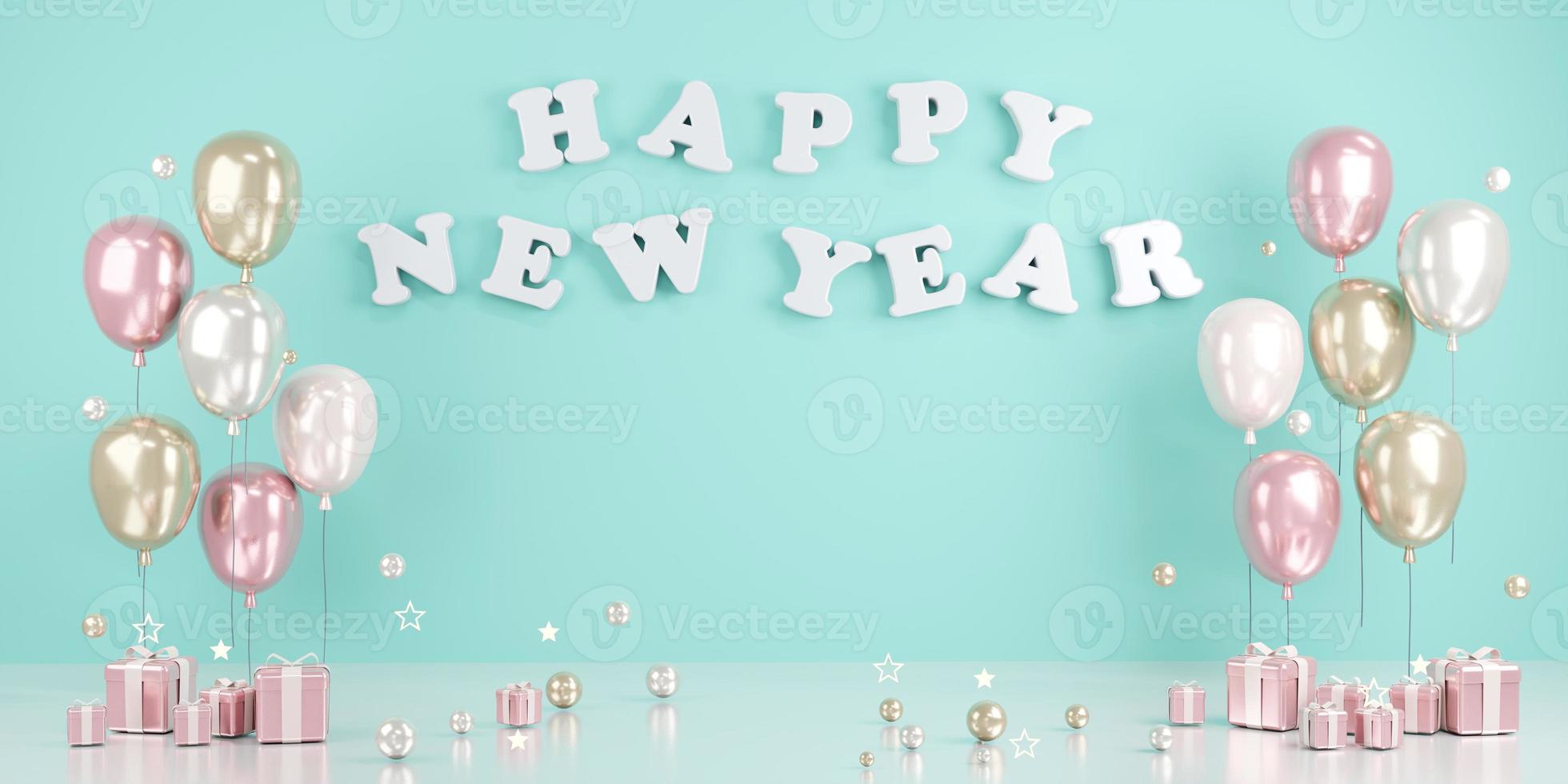 3D-Rendering-Konzept von frohes neues Jahr Text an der Wand mit Luftballons und Geschenken im blauen Thema. 3D-Rendering. 3D-Darstellung. foto