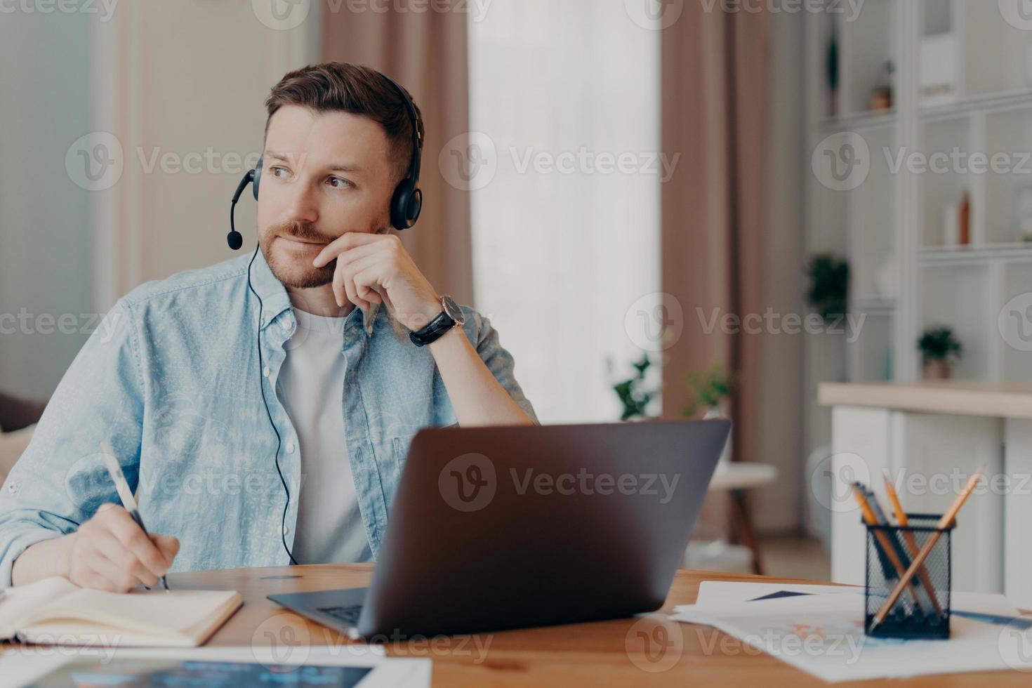 nachdenklicher Typ mit Headset mit Mikrofon, der im Wohnzimmer sitzt und online arbeitet foto