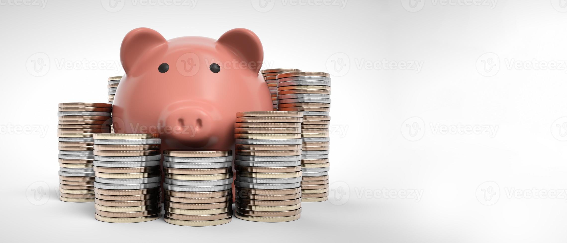 Sparschwein mit Münzen Geld Bargeld isoliert auf weißem Hintergrund. Symbol Sparschwein, Konzept des Geldsparens. 3D-Rendering. Schwein-Spardose-Symbol. foto