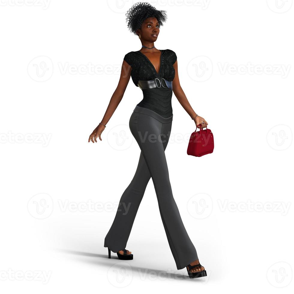 schöne und elegante schwarze Frau mit roter Tasche in 3D-Darstellung foto