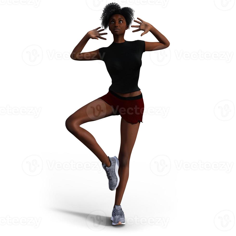 Schöne schwarze Frau mit Turnschuhen und Wanderkleidung in 3D-Darstellung. foto