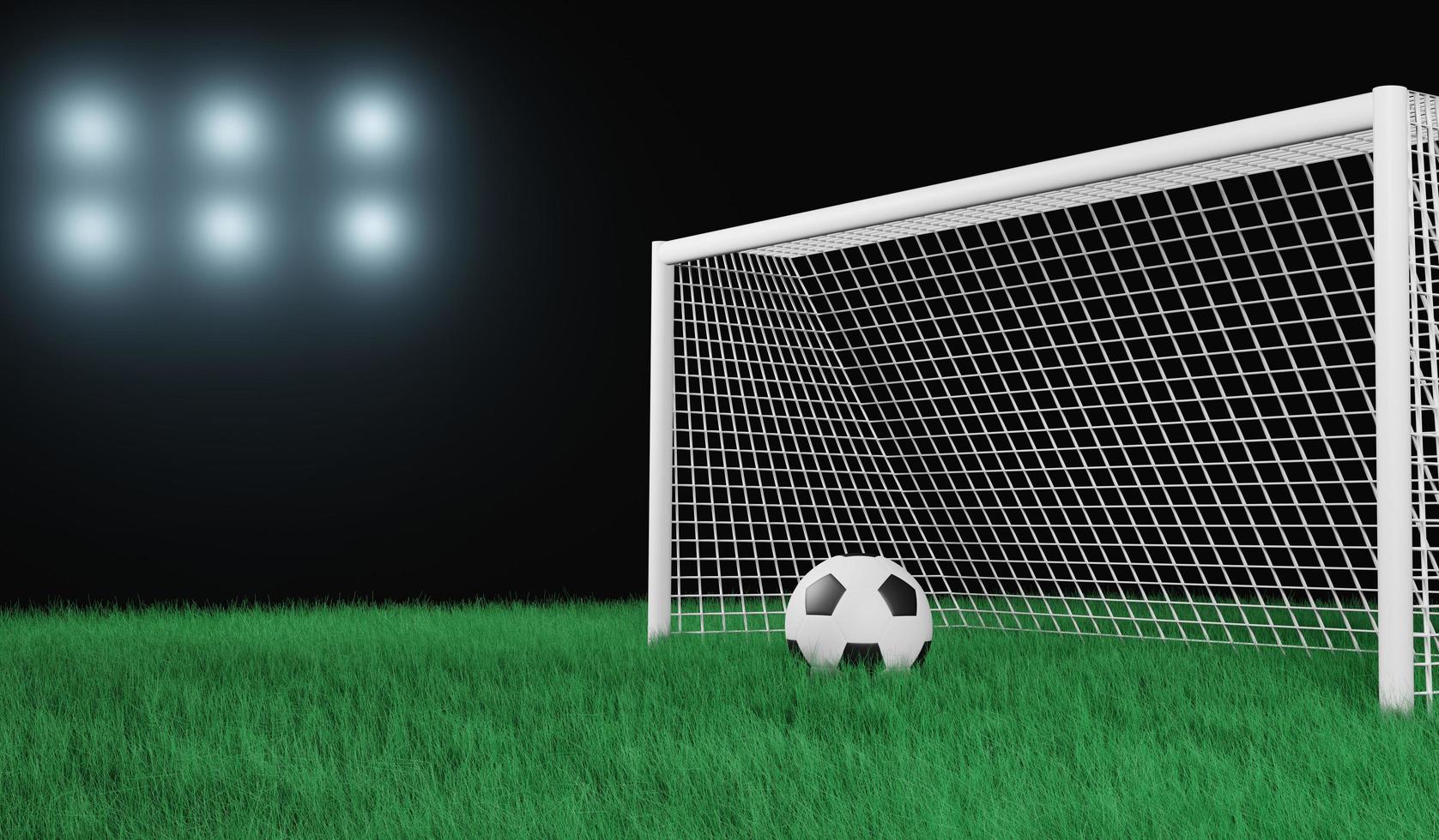 3D-Darstellung Fußball auf dem Fußballplatz im Nachtstadion und Sport heller Hintergrund bei Zoom-Out-Ansicht foto