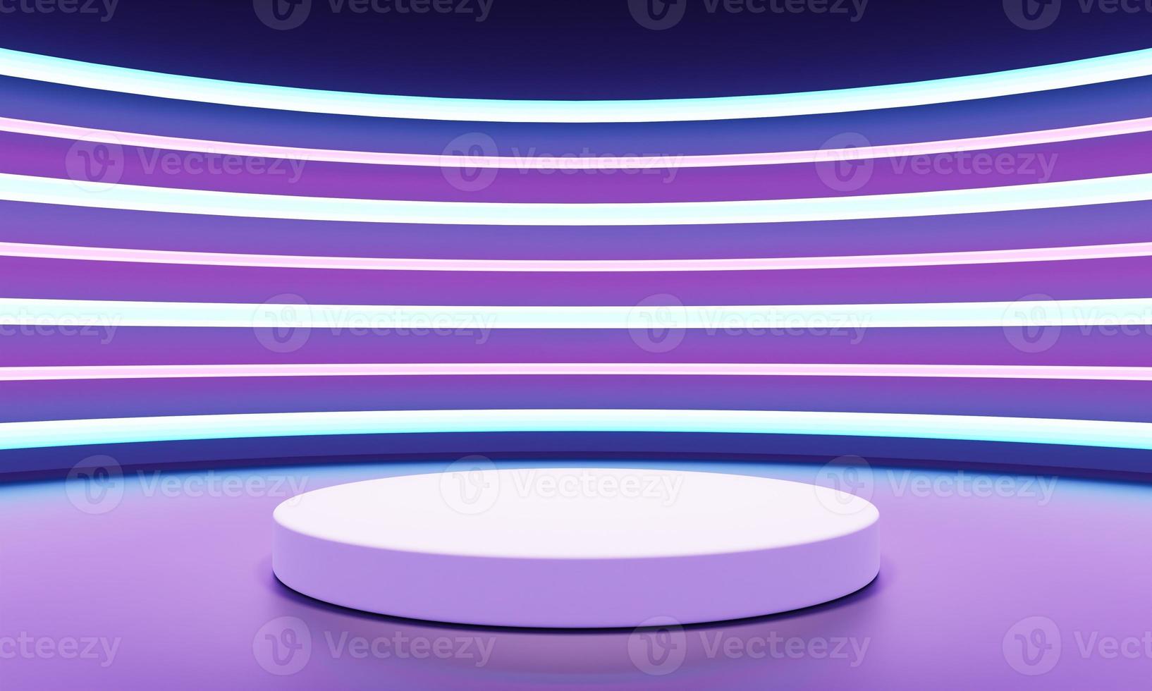 Cyberpunk-Sci-Fi-Produkt-Podiumsschaufenster mit blauem, violettem und rosafarbenem Hintergrund. Technik und Objektkonzept. 3D-Darstellungswiedergabe foto
