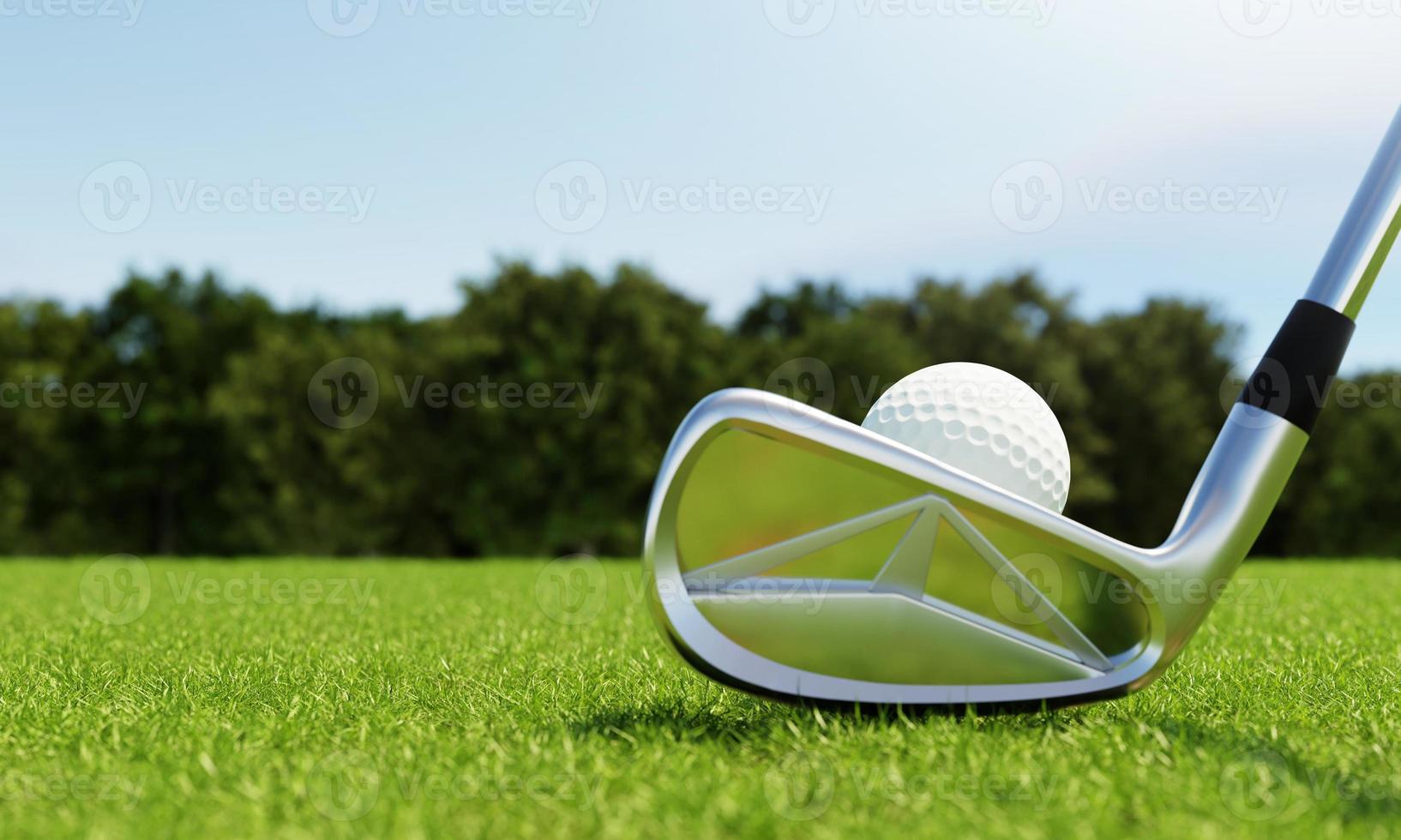 Golfball auf T-Stück und Golfschläger mit grünem Hintergrund des Fahrwassers. sport- und athletisches konzept. 3D-Darstellungswiedergabe foto