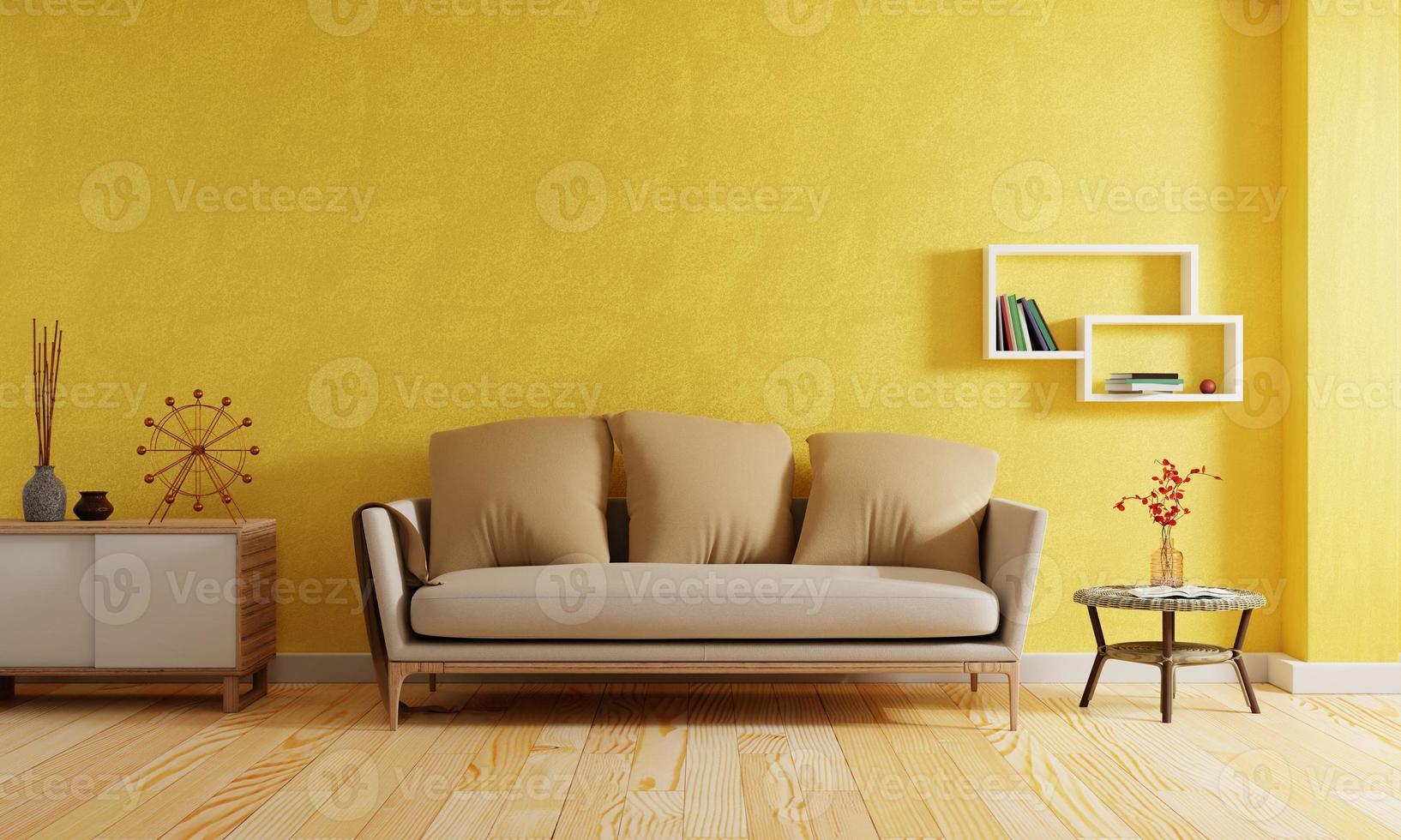 modernes wohnzimmer im hintergrund der gelben tonfarbe. Innen- und Architekturkonzept. 3D-Darstellungswiedergabe foto