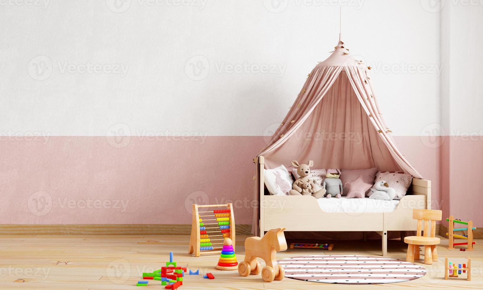 Kinderzimmer in rosa und weißem Wandhintergrund. interieur- und kinderzimmer-kinderzimmerkonzept. 3D-Darstellungswiedergabe foto