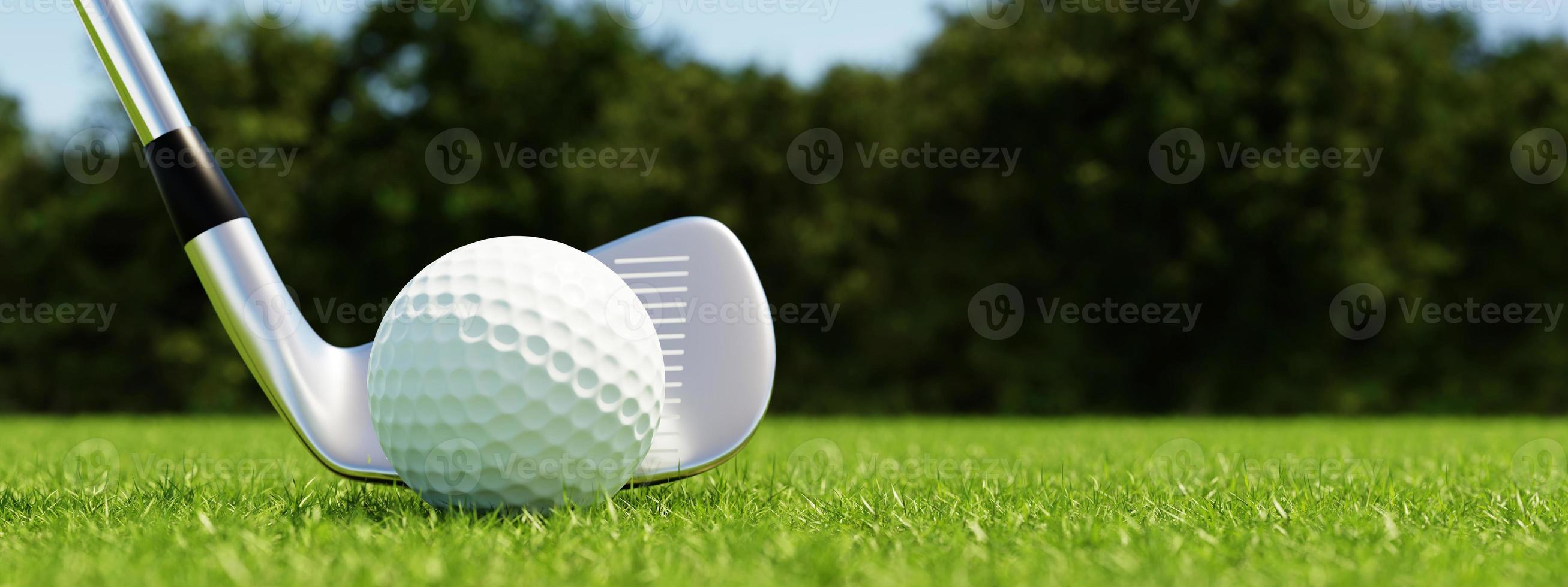 Golfball und Golfschläger mit Fairway-Grünhintergrund. sport- und athletisches konzept. 3D-Darstellungswiedergabe foto