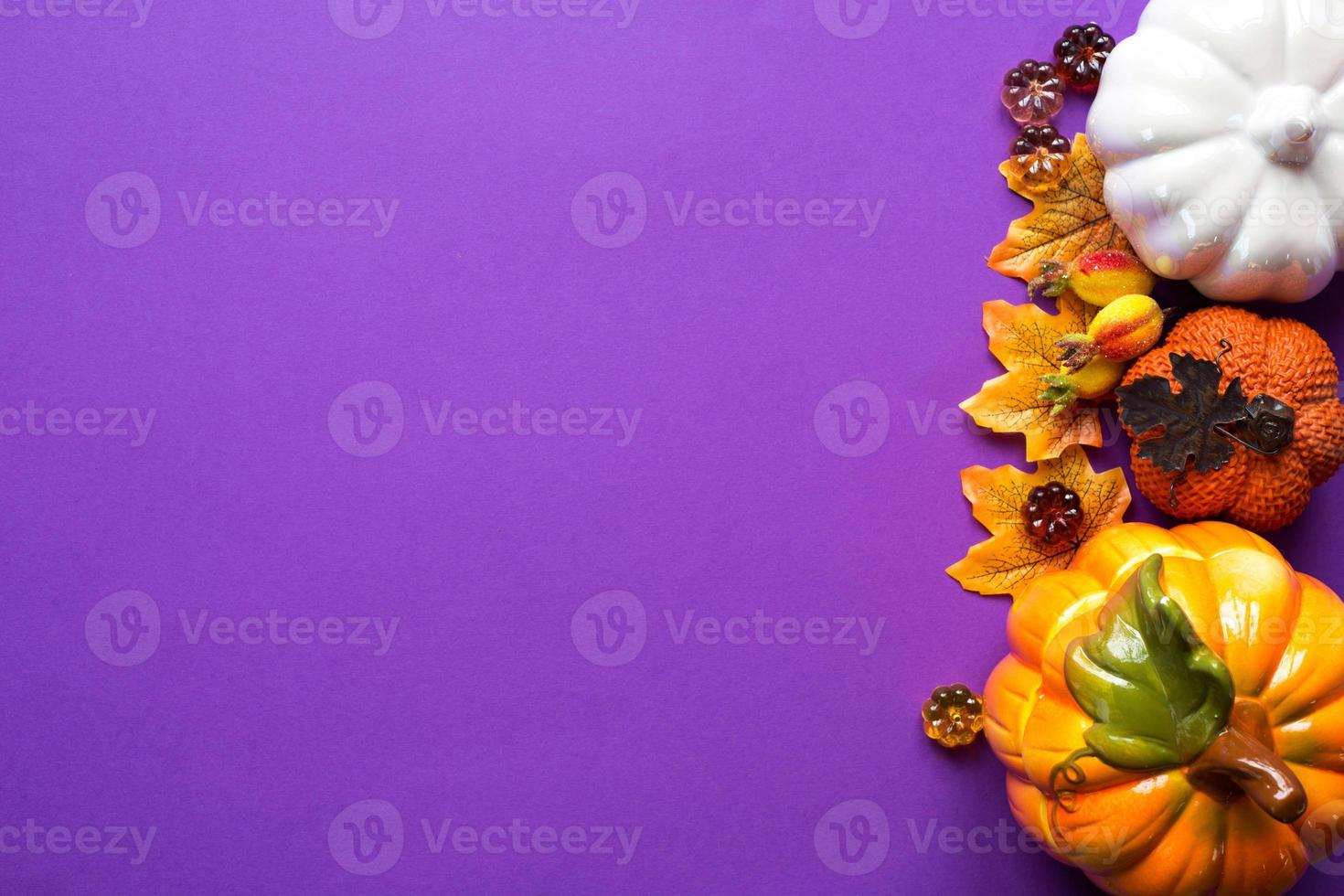 ein Rahmen aus Kürbissen, gelben Ahornblättern, Beeren auf violettem Hintergrund. Herbsternte, Stimmung. Kopierbereich, Flatlay foto