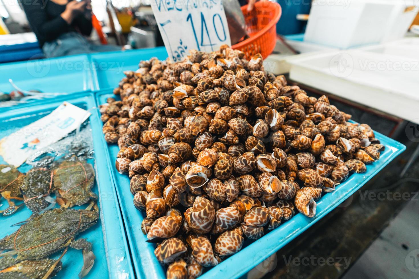 Fischmarkt in Krabi, rohe Meeresfrüchte auf einem Markt in der Nähe des tropischen Meeres foto