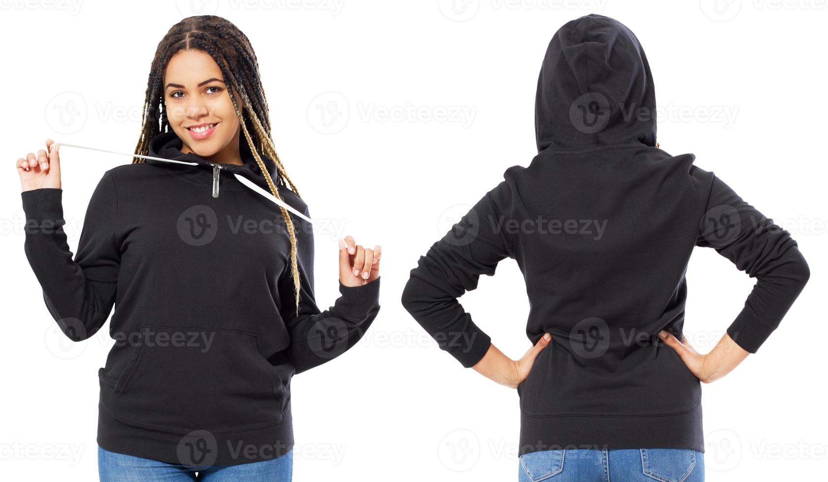 schwarzes Hoodie-Set oder Collage isoliert auf weißem Hintergrund - Hoodie-Vorder- und Rückansicht. foto