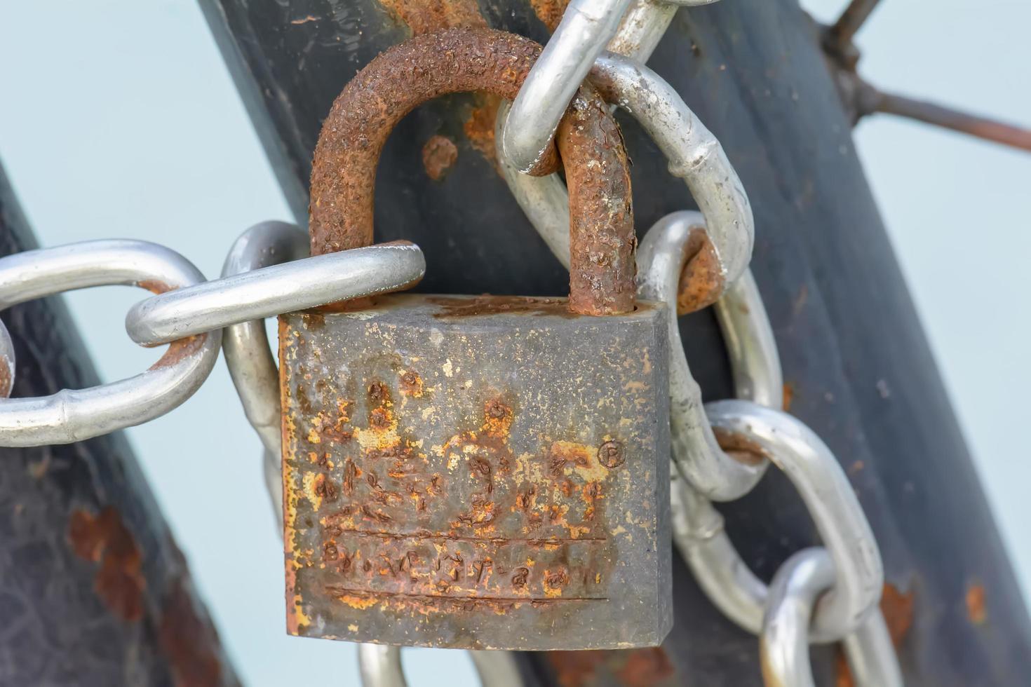 ein Schloss und eine Kette auf einem Metallzaun, der ein Tor verbindet. foto