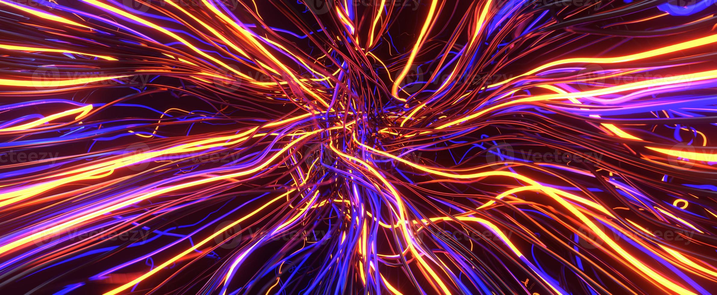 verwirrte energiekabel mit neonglühen. ineinander verschlungener strom aus lila 3d-renderdrähten, die zu knoten verdreht sind. futuristische digitale Kommunikationsleitungen mit ständiger Bewegung und Informationsüberflutung foto