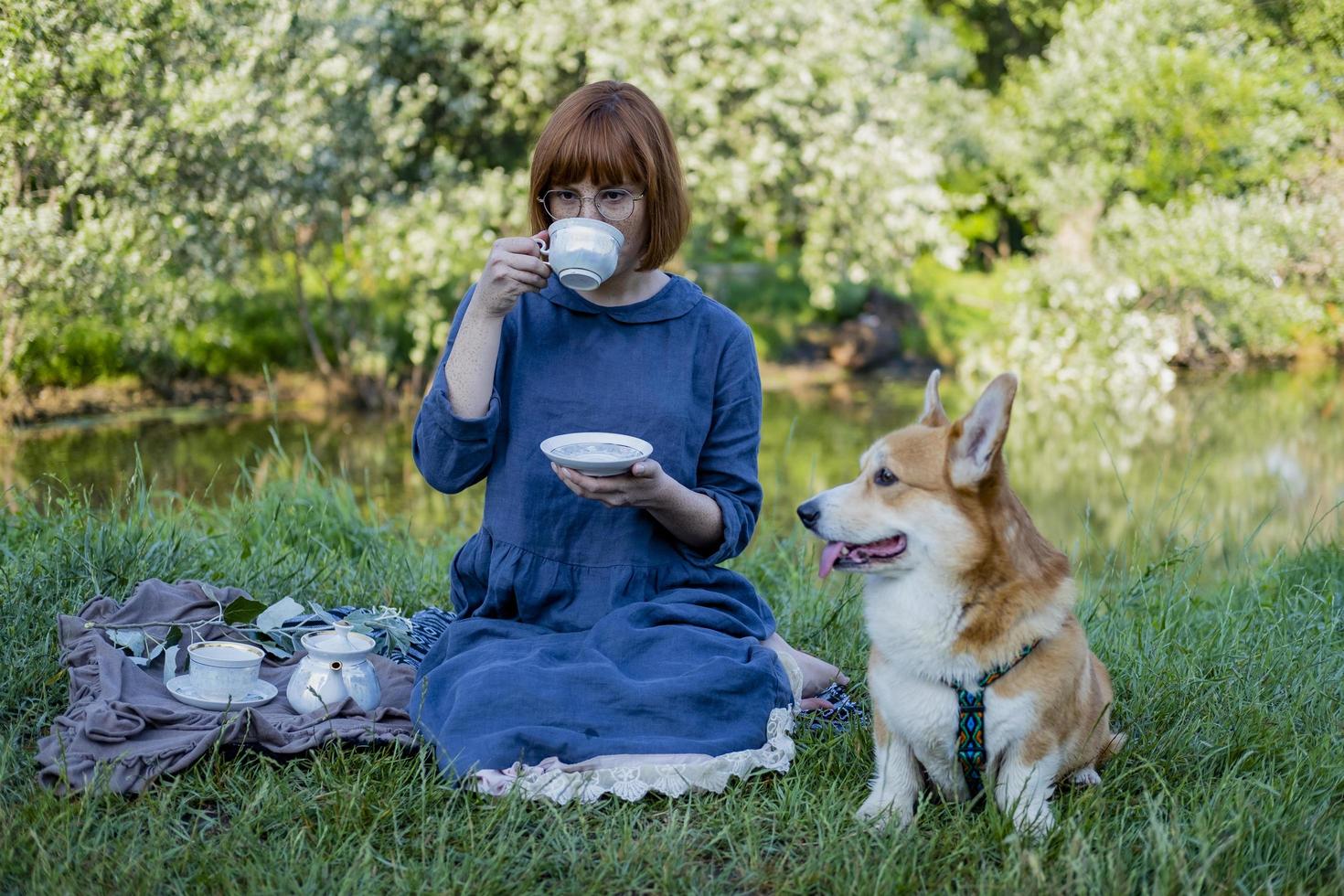 junge frau im retro-kleid mit lustigem corgi-hund auf dem picknick, frau mit süßem hund trinkt englischen tee im park foto