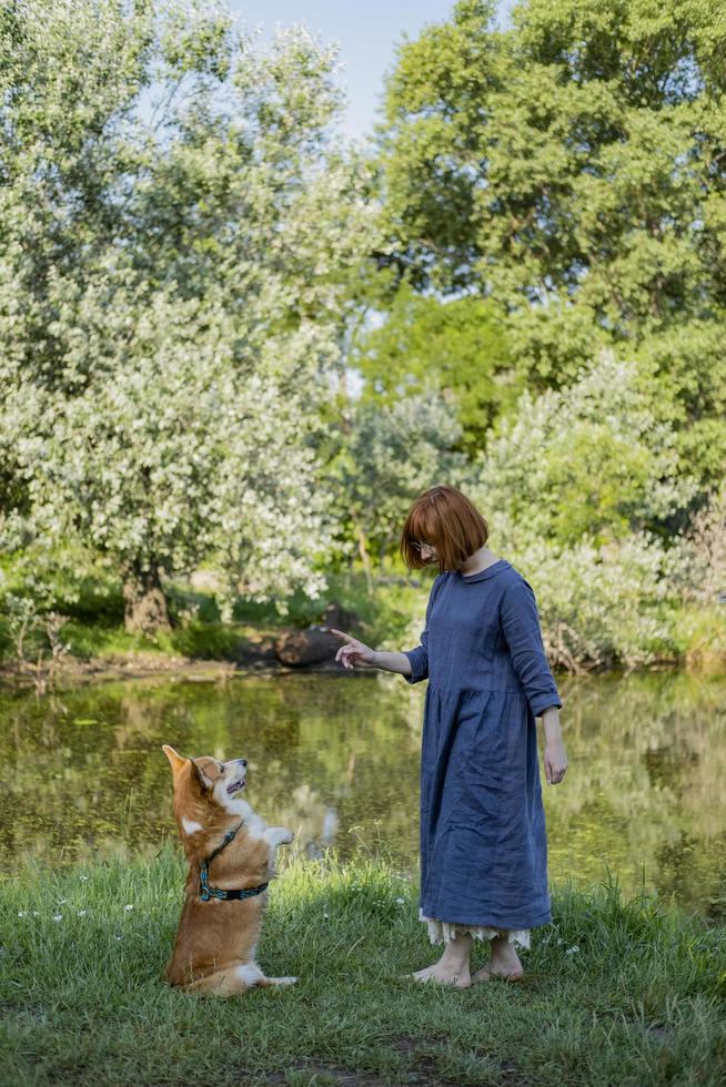 Junge Frau im Retro-Kleid mit lustigem Corgi-Hund auf dem Picknick foto