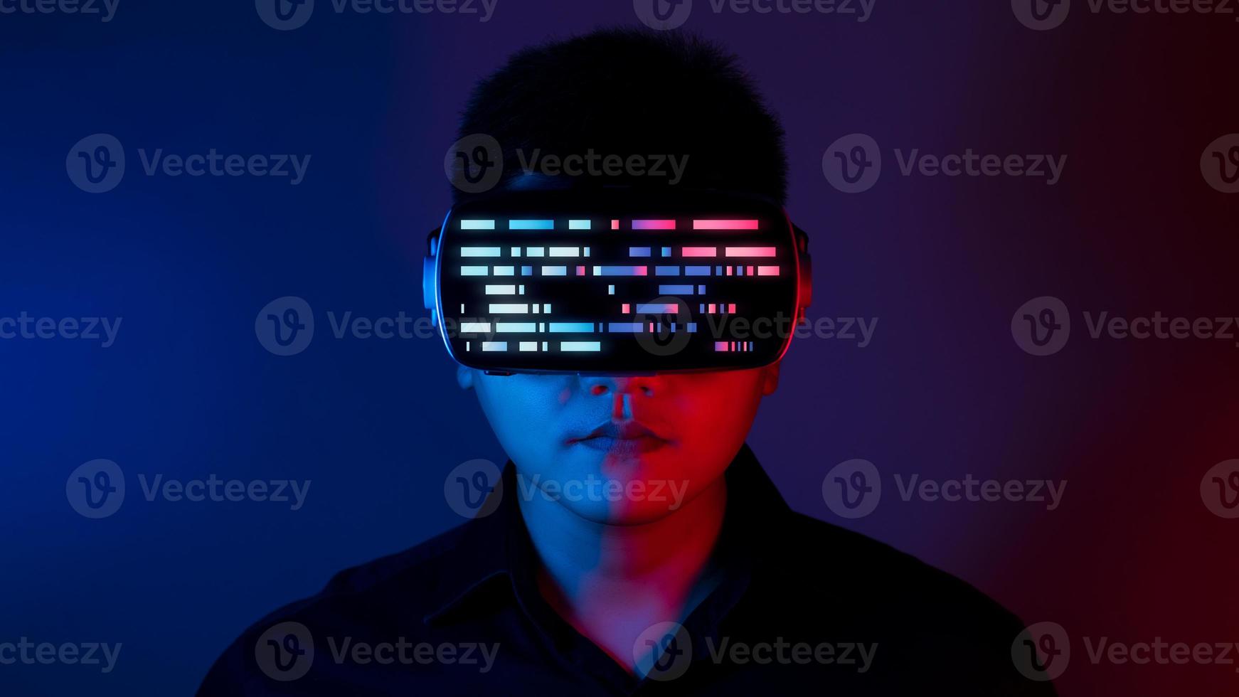 junger Mann mit VR-Brille. Konzept der virtuellen Realität der Metaverse-Technologie. Virtual-Reality-Gerät, Simulation, 3d, ar, vr, Innovation und Technologie der Zukunft in sozialen Medien. foto