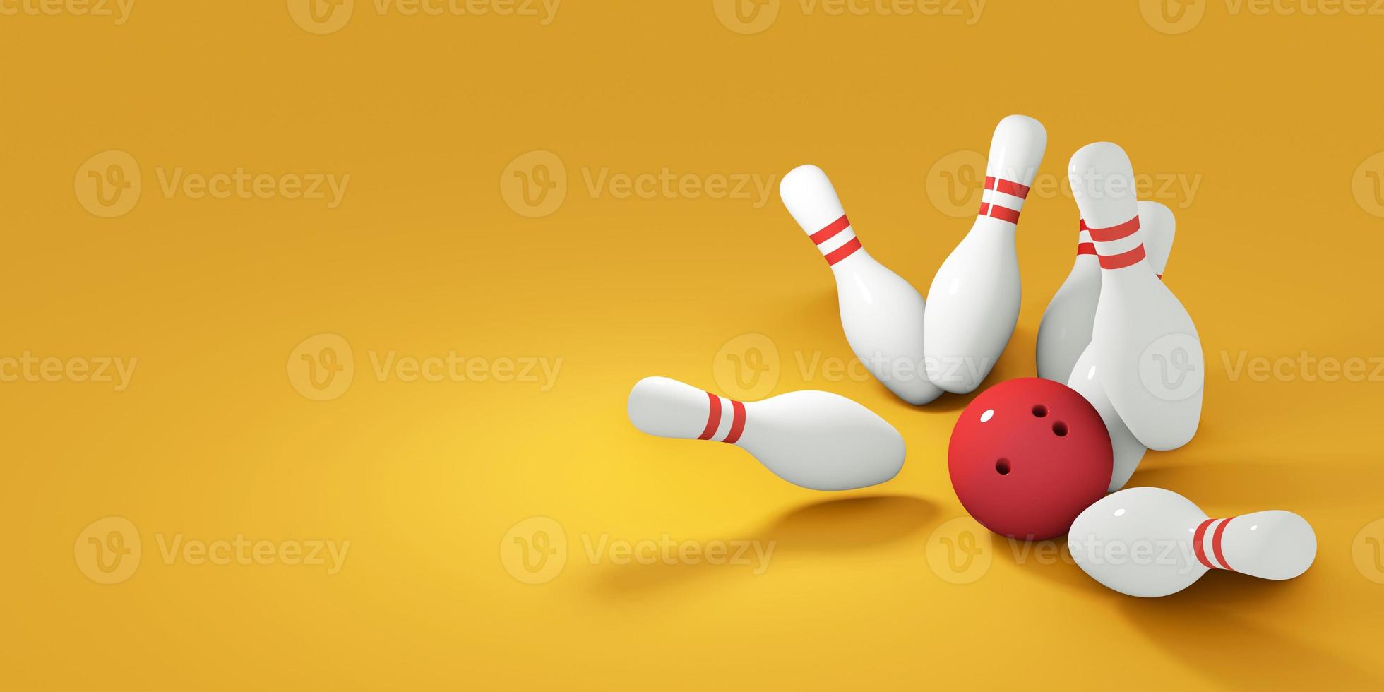 rote Bowlingkugel, die gegen Pins schlägt. 3D-Rendering foto