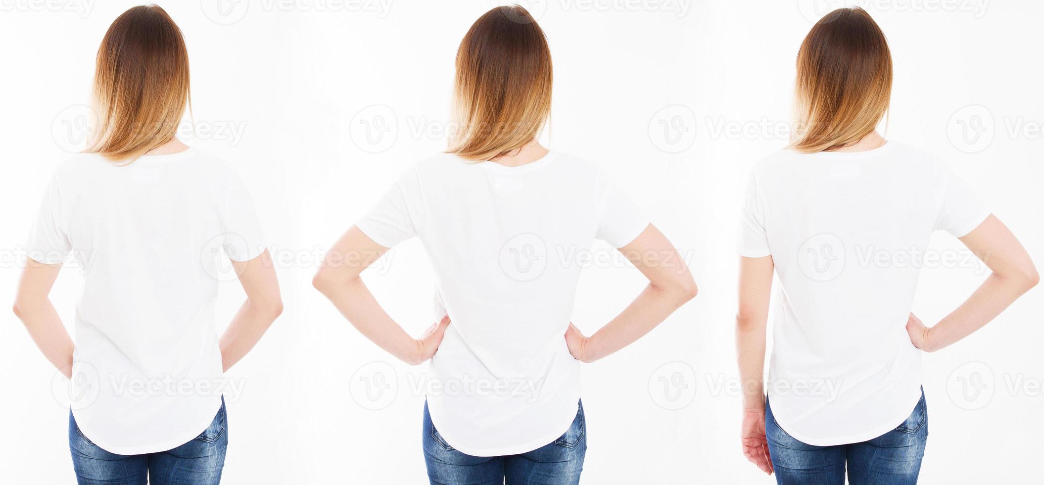 Collage drei Frau im T-Shirt isoliert auf weißem Hintergrund, Mädchen-T-Shirt foto