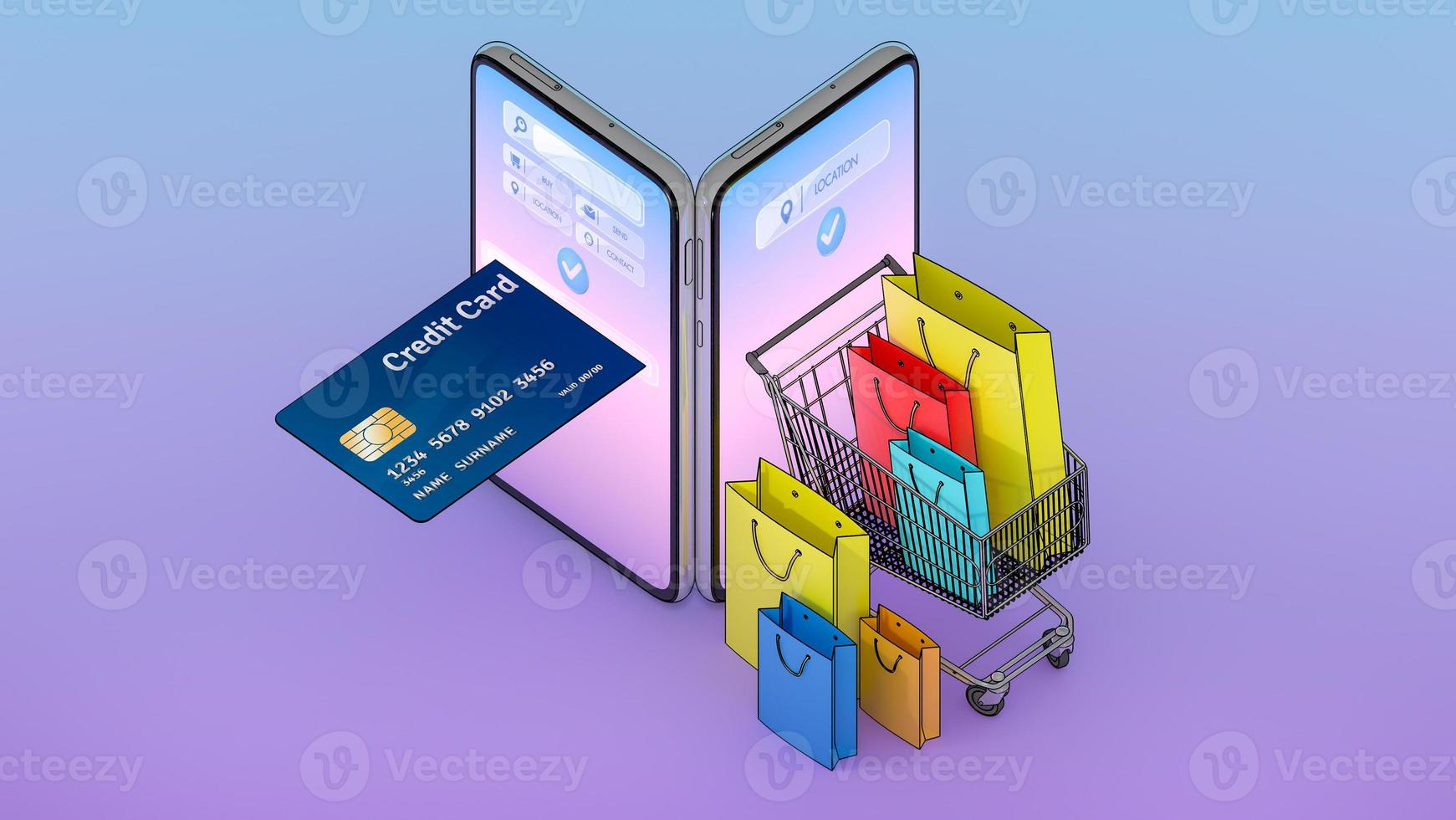 viele einkaufstaschen und preisschilder und kreditkarten in einem einkaufswagen erschienen auf dem smartphone-bildschirm., online einkaufen oder shopaholic-konzept.,3d-illustration mit objektbeschneidungspfad. foto