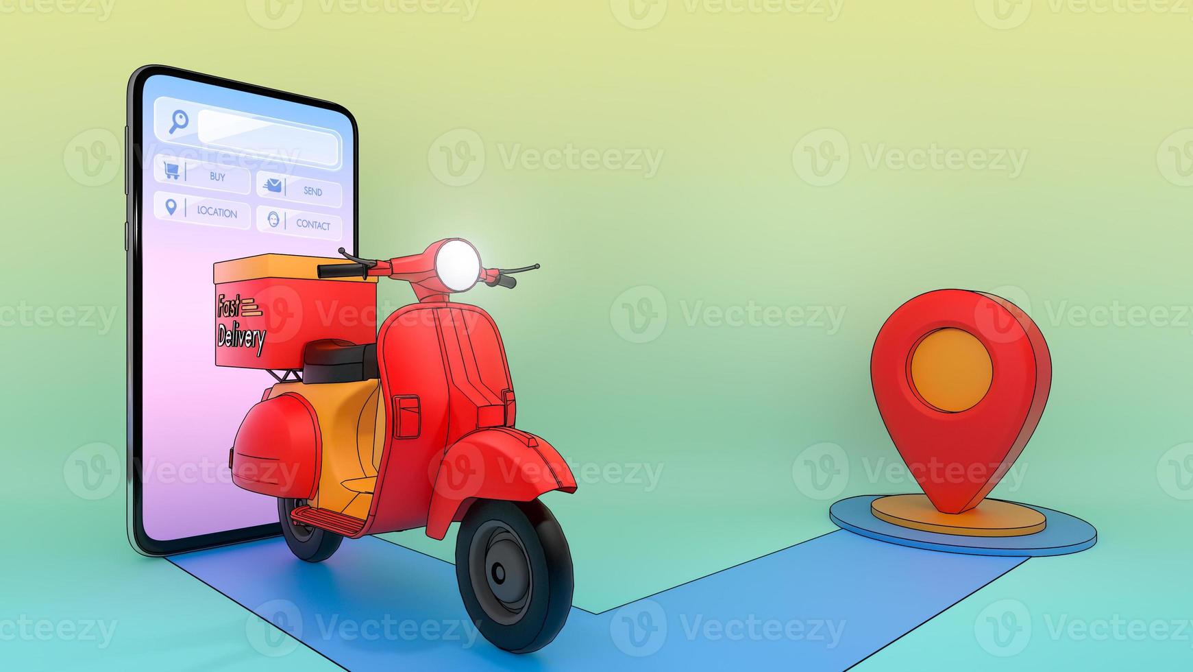 Scooter von einem Mobiltelefon ausgeworfen.,Online-Bestellung von Transportdiensten für mobile Anwendungen.,Konzept des schnellen Lieferservice und Online-Shopping.,3D-Illustration mit Objekt-Beschneidungspfad. foto