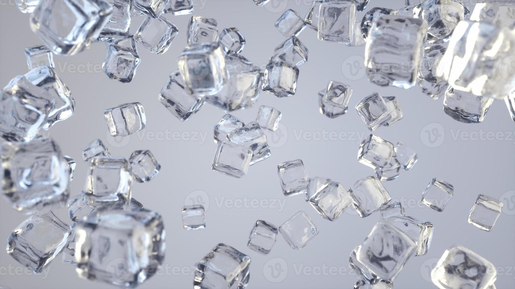 erstaunliche Szene von fallenden Eiswürfeln. Eiswürfel, die auf weißen Hintergrund fallen. Eiskristalle. Zuckerkristalle. Glasbausteine. 3D-Rendering. foto