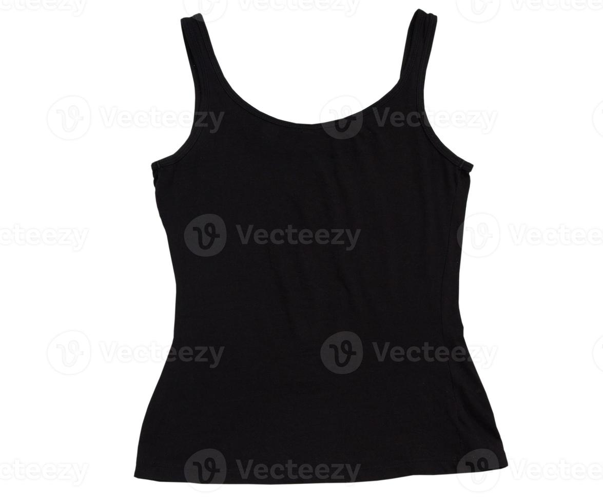 schwarzes weibliches Tanktop isoliert über weiß, schwarze Tanktop-T-Shirt-Vorlage bereit für Ihre eigenen Grafiken auf weißem Hintergrund. Hemd ohne Ärmel über weiß foto