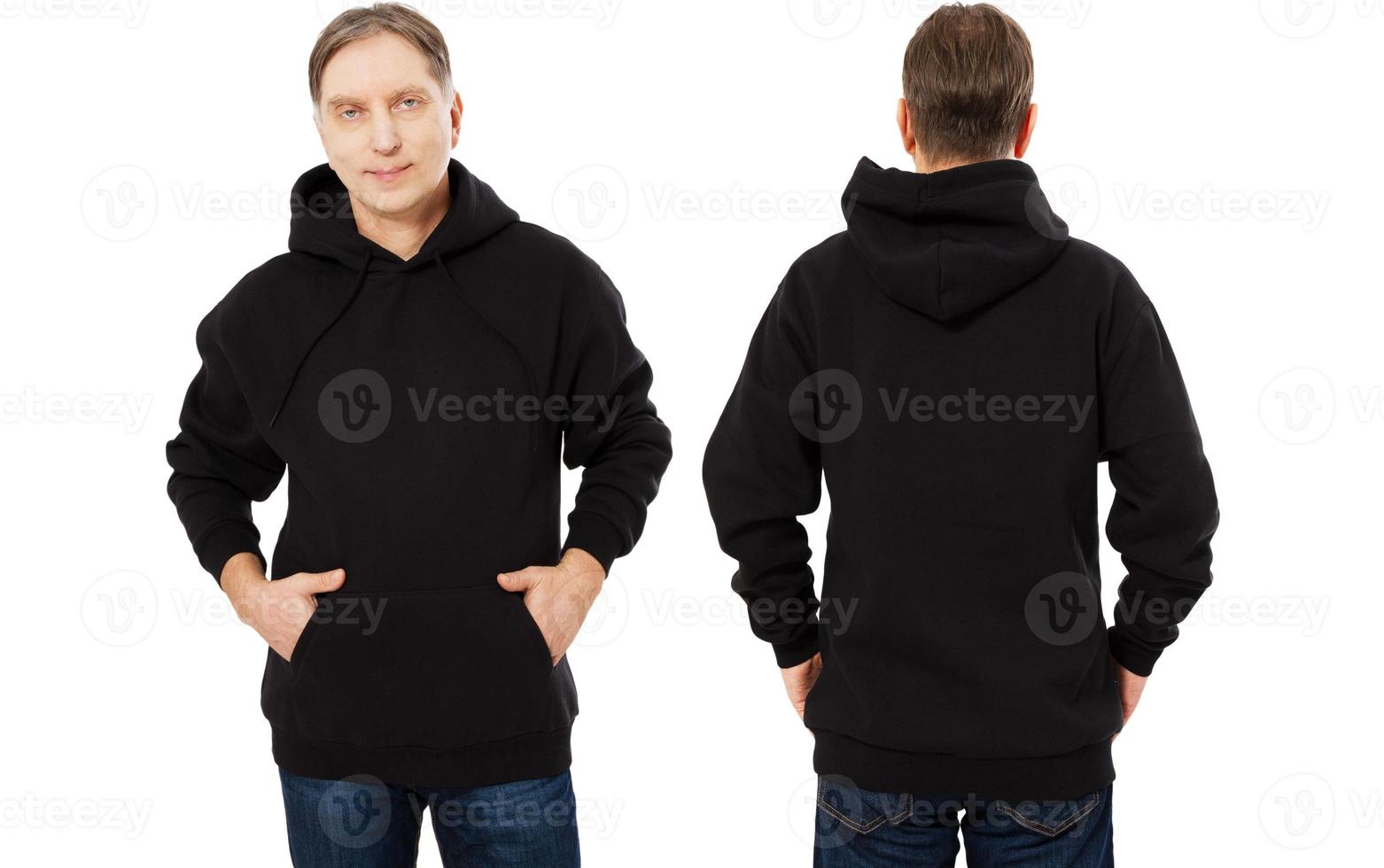 Mann Kapuzen-Set, schwarze Kapuzen-Vorder- und Rückansicht, Kapuzenmodell. leerer männlicher Hoody-Kopienraum. vorderer und hinterer Hintergrund foto