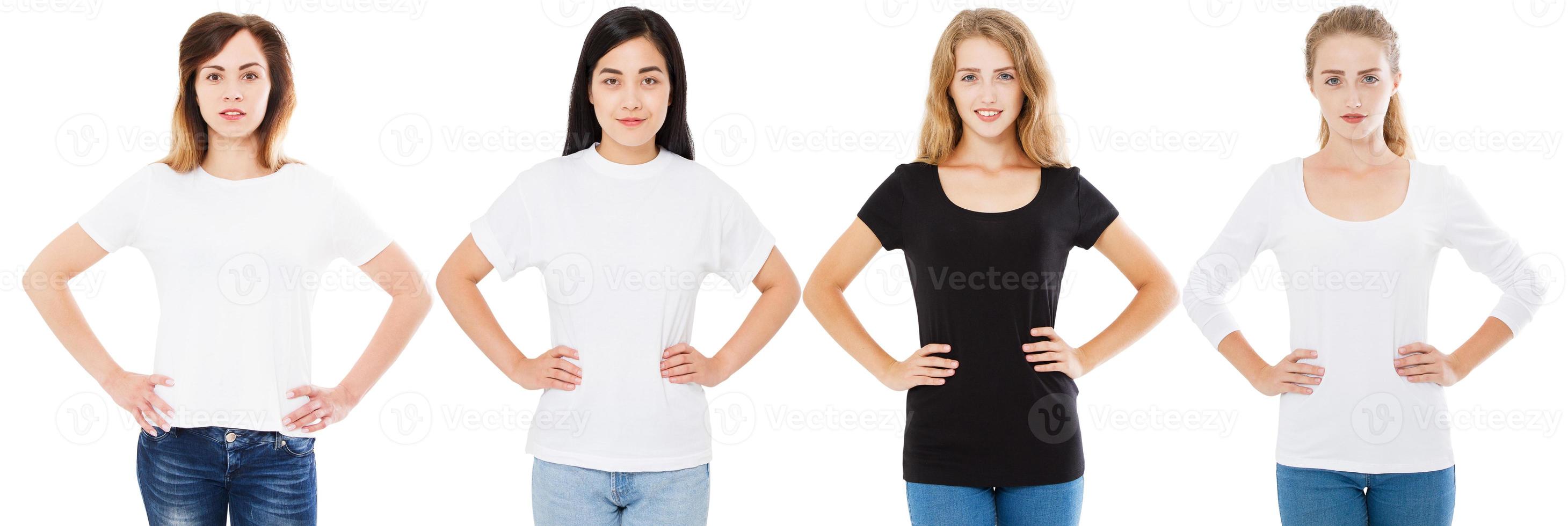 T-Shirt-Set, leer, Frauen mit den Händen am Gürtel, asiatische koreanische und weiße Frau im T-Shirt isoliert. schwarz weißes und langärmliges T-Shirt foto
