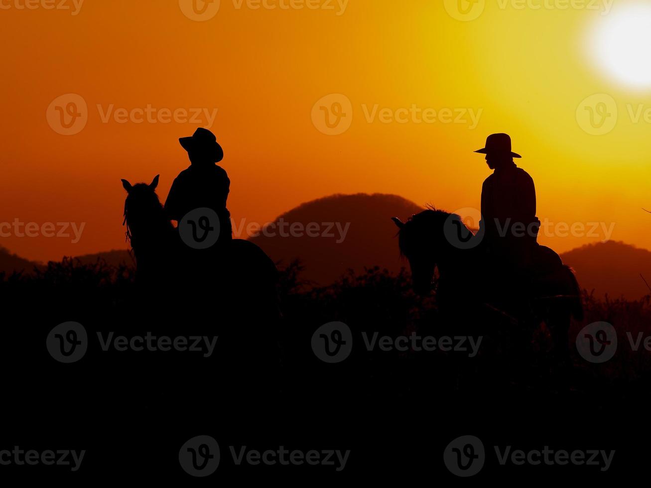 Der westliche Cowboy zwang seine Pferde, bei Sonnenuntergang anzuhalten, in Ländern, in denen das Gesetz noch nicht angekommen ist foto