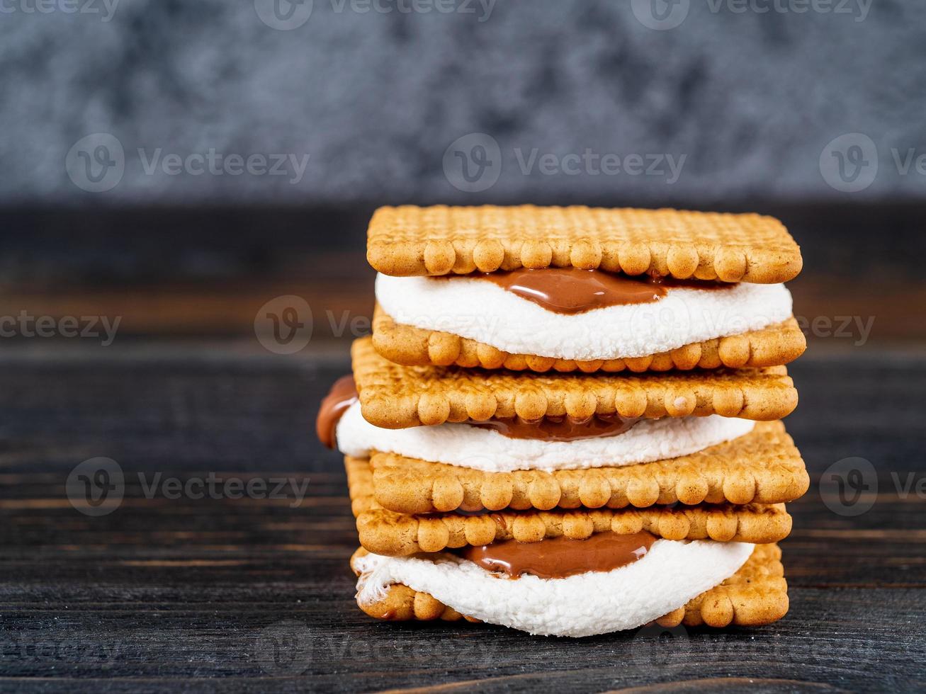 Smores, Marshmallow-Sandwiches - traditionelle amerikanische süße Schokoladenkekse foto