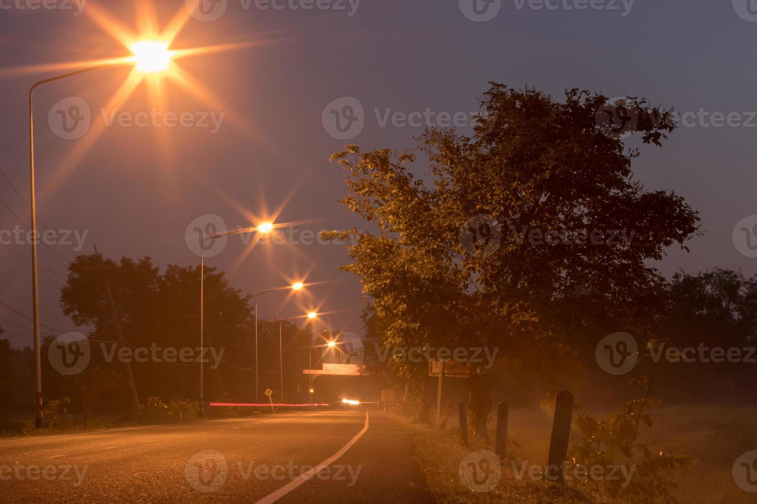 Straßenlaternen mit Bäumen und Nebel. foto