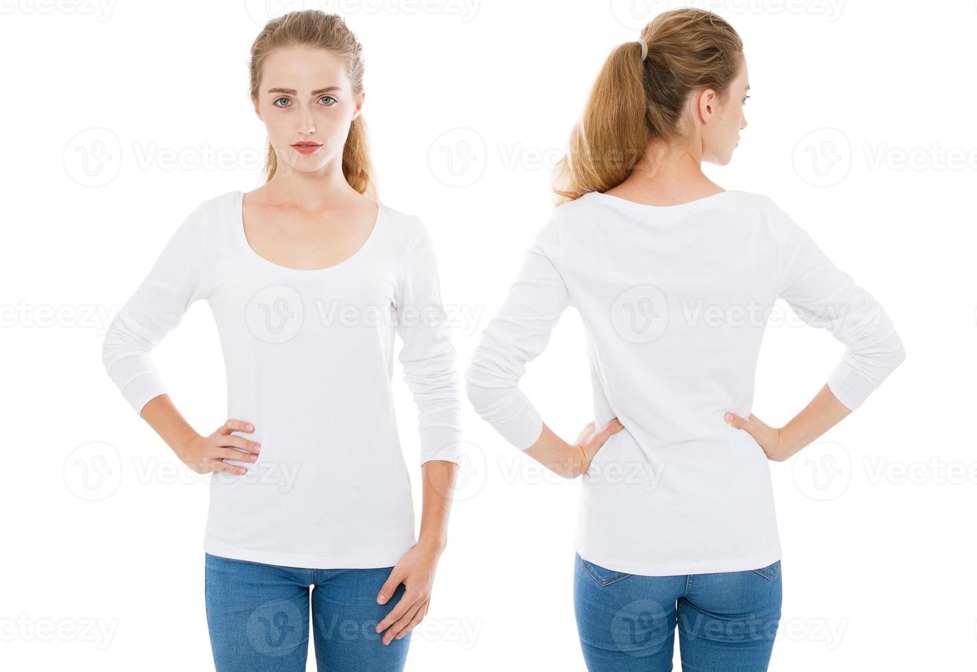 Frau in einer langärmeligen T-Shirt-Collage isoliert auf weißem Hintergrund foto