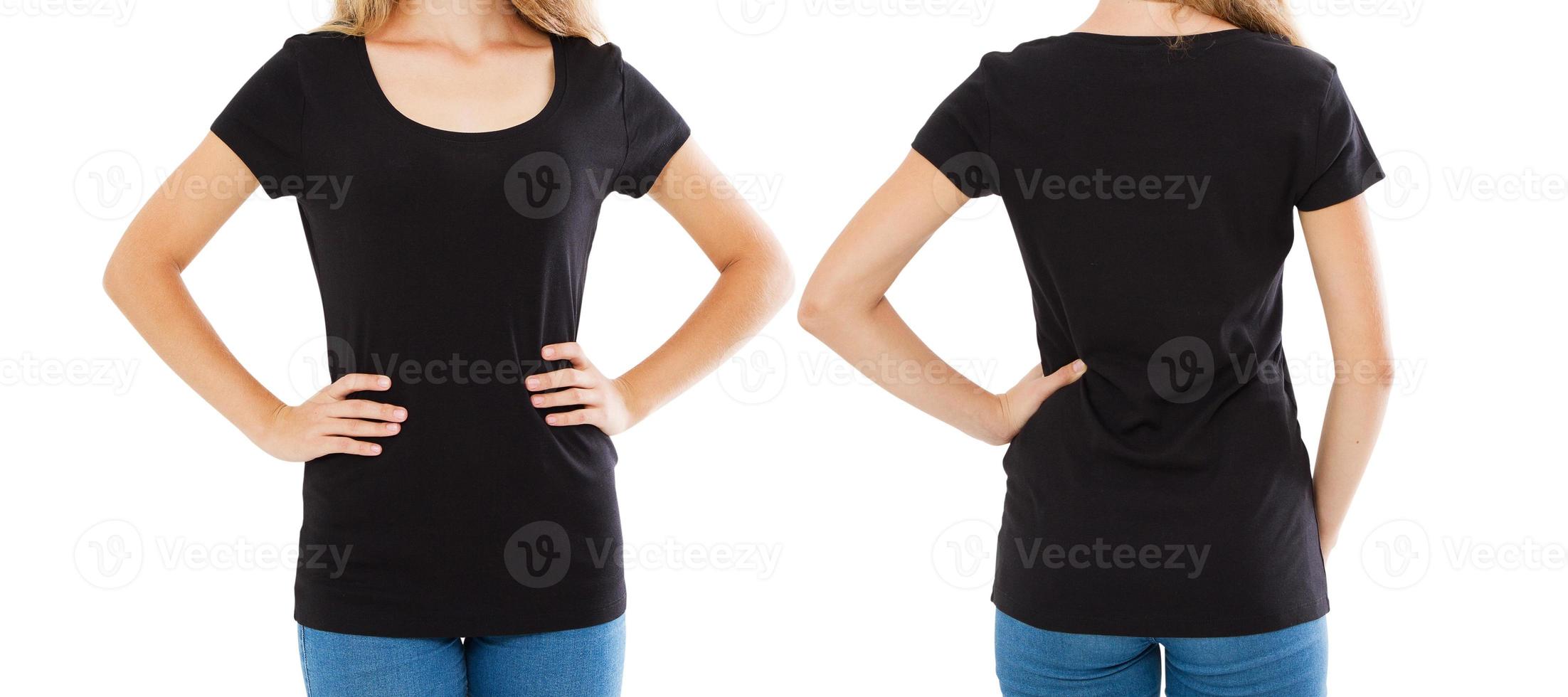 Vorderseite Rückseite zeigt Frau im stilvollen leeren T-Shirt isoliert an foto