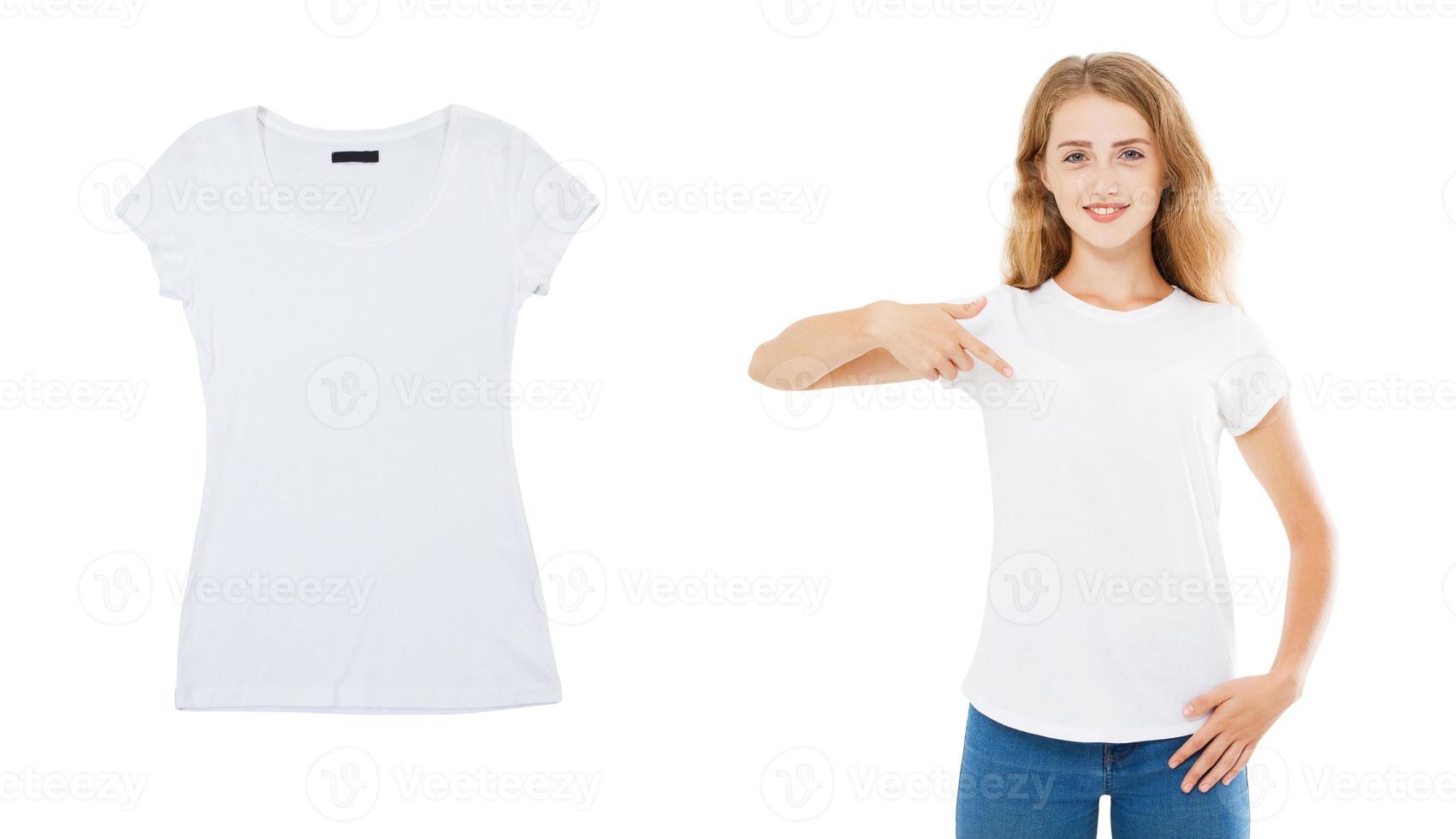 Mädchen weißes T-Shirt Mock-up, leeres T-Shirt Nahaufnahme, Sommer-T-Shirt auf weißem Hintergrund, Frau T-Shirt Mock-up foto