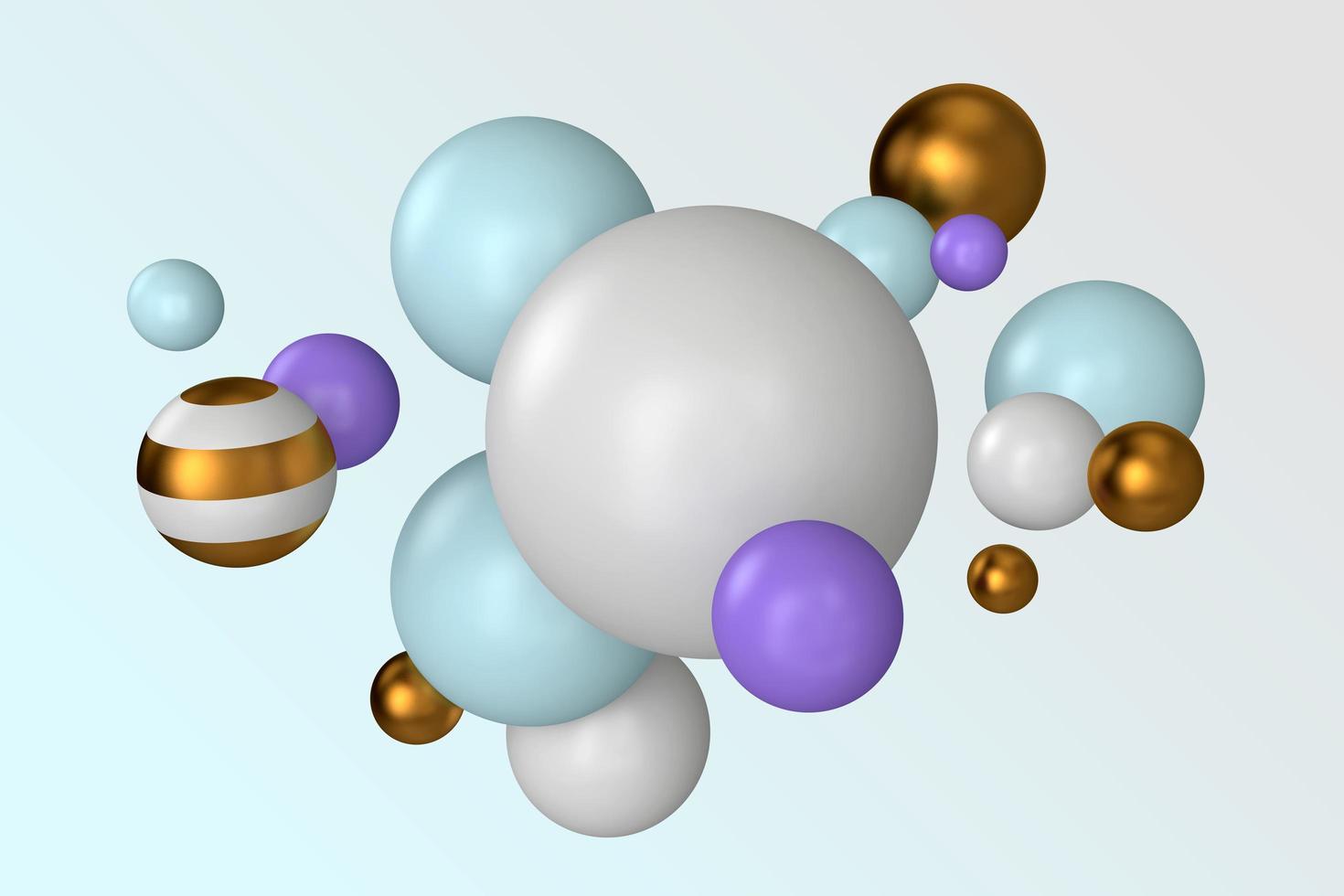 abstrakte bunte blasenillustration. weiß, gold, lila, blau und gold gestreifte abgerundete kugeln. Bewegung, die verschiedene Größen 3d-Kugeln auf hellblauem Hintergrund mit Farbverlauf aufprallt foto