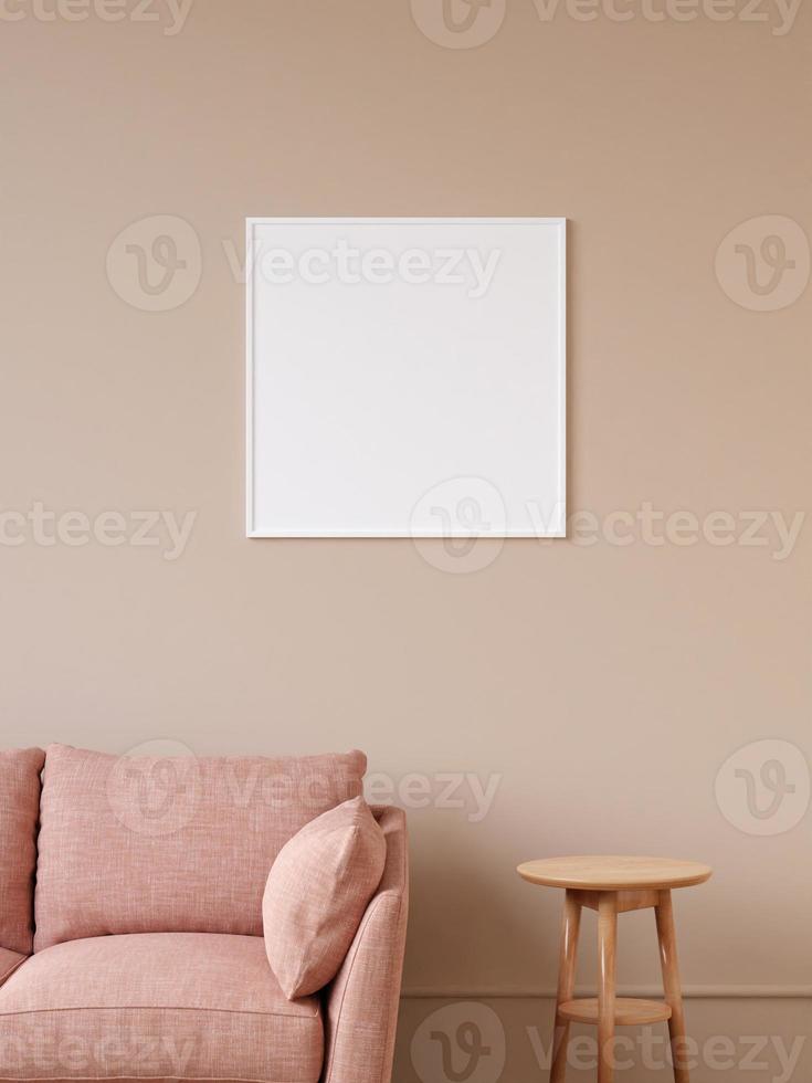 modernes und minimalistisches quadratisches weißes plakat oder fotorahmenmodell an der wand im wohnzimmer. 3D-Rendering. foto