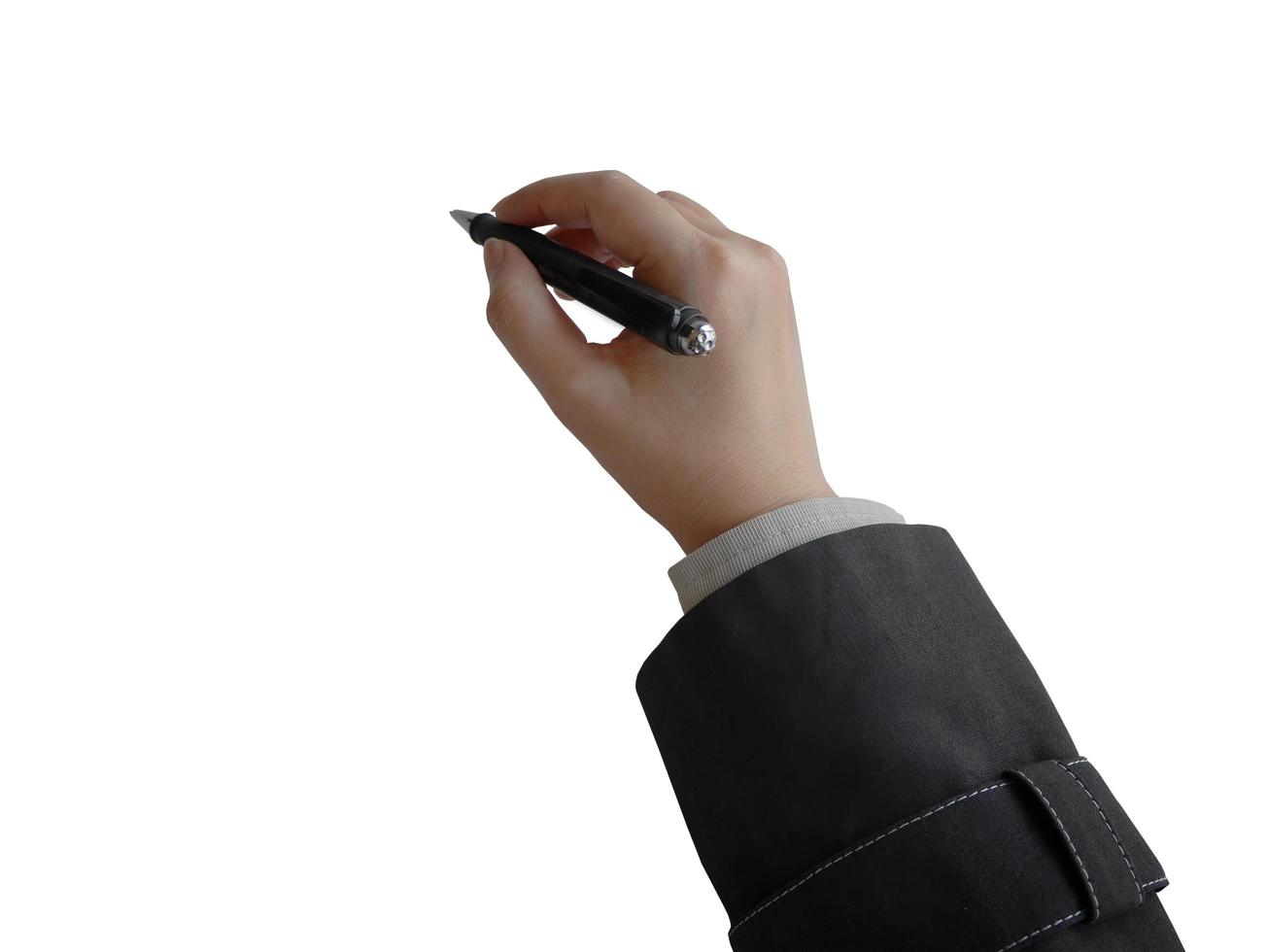 Isolierte weibliche Hand, die einen Stift im Geschäftsstil hält, für Präsentationselement foto