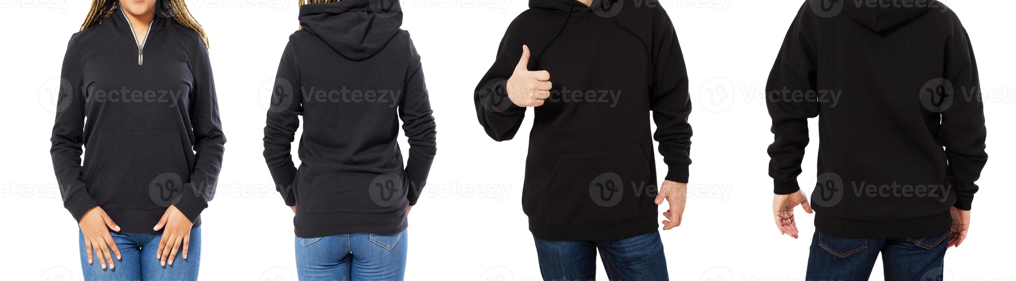 Weiblicher und männlicher Hoodie-Mock-up isoliert - Kapuzen-Set Vorder- und Rückansicht, Mädchen und Mann im leeren schwarzen Pullover foto