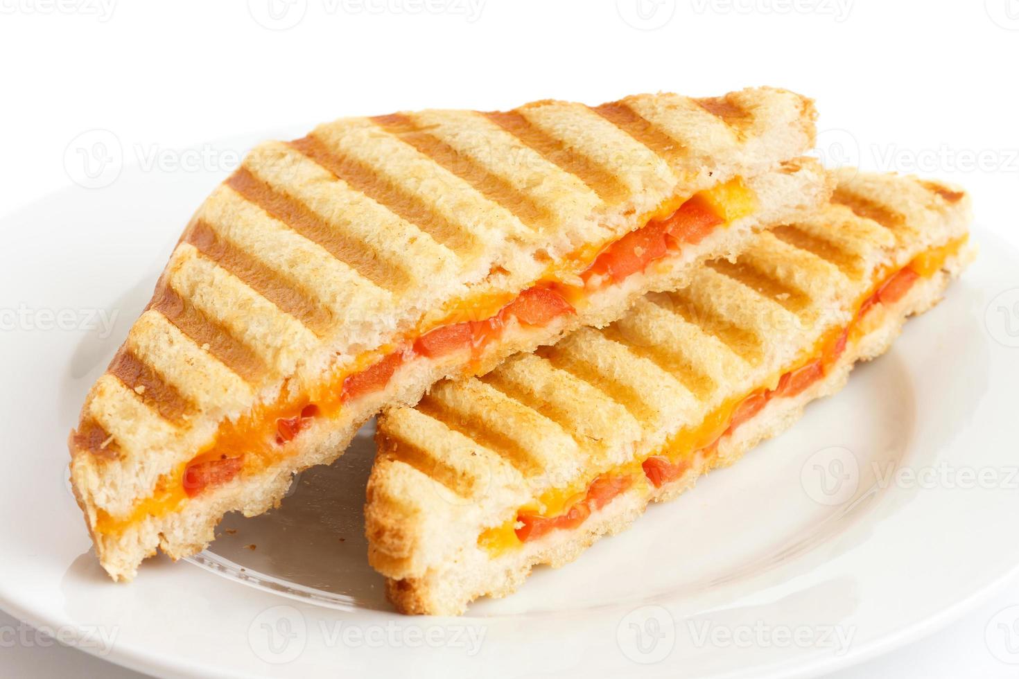klassisches geröstetes Sandwich mit Tomaten und Käse auf weißem Teller. foto