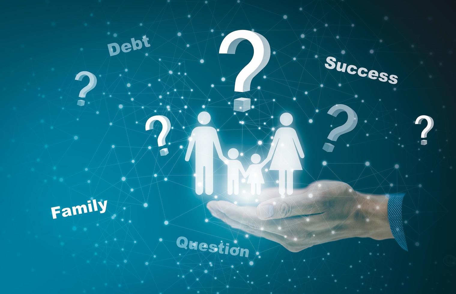 Familie mit Fragekonzept, Geschäftsmannhandfamilie mit Fragezeichenzeichennetz, Fragezeichen gezeichnet auf schwarzem Hintergrund. Konzept der Suche nach einer Antwort, Unsicherheit, foto