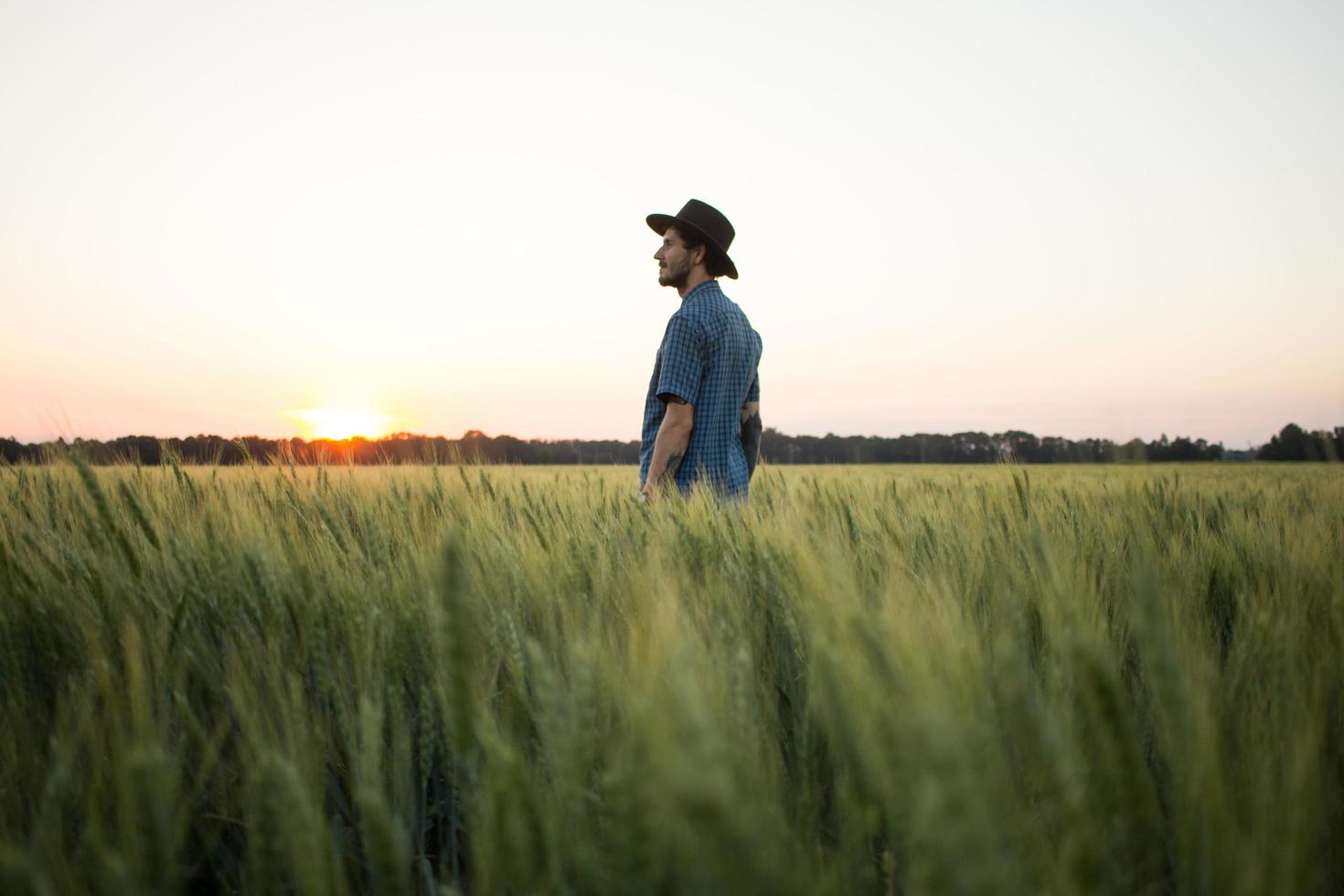 Junger männlicher Bauer steht während des Sonnenuntergangs allein im Weizenfeld foto