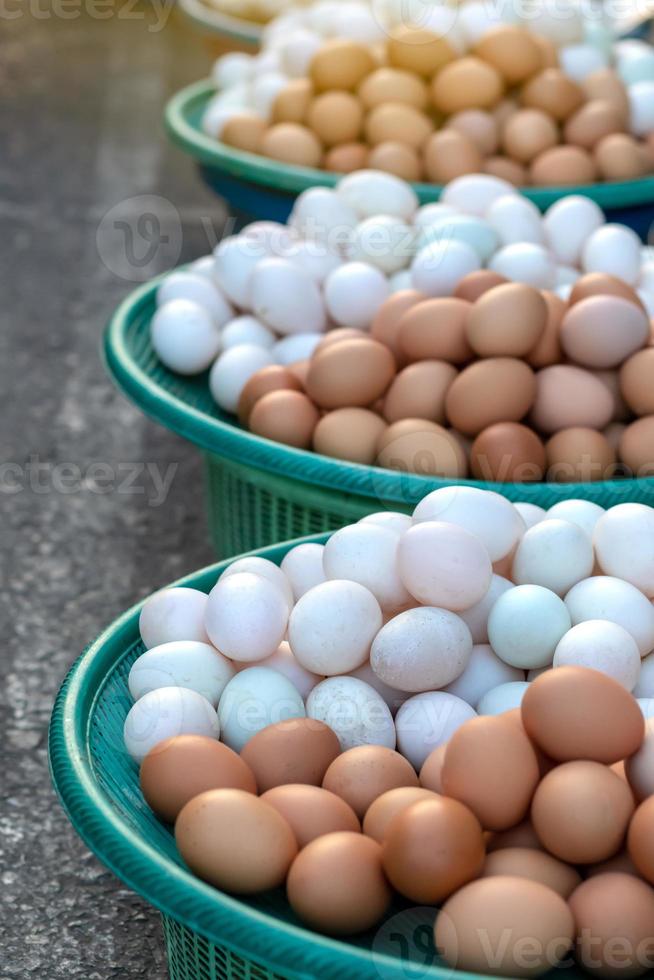 Haufen von Eiern, Enten und Hühnern in einem Korb. foto