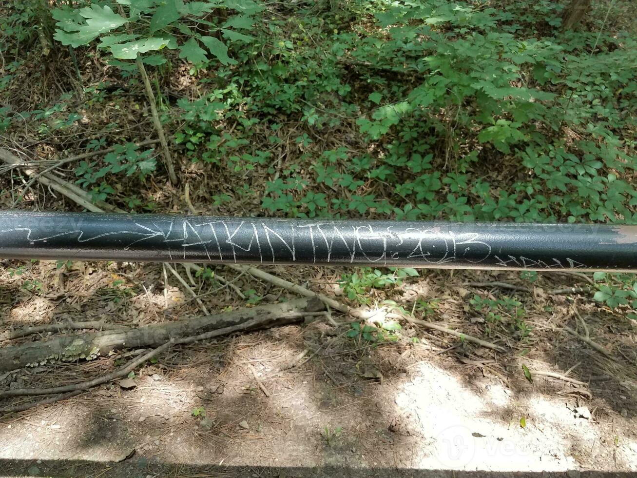 Schwarze Metallstange im Wald mit Graffiti foto