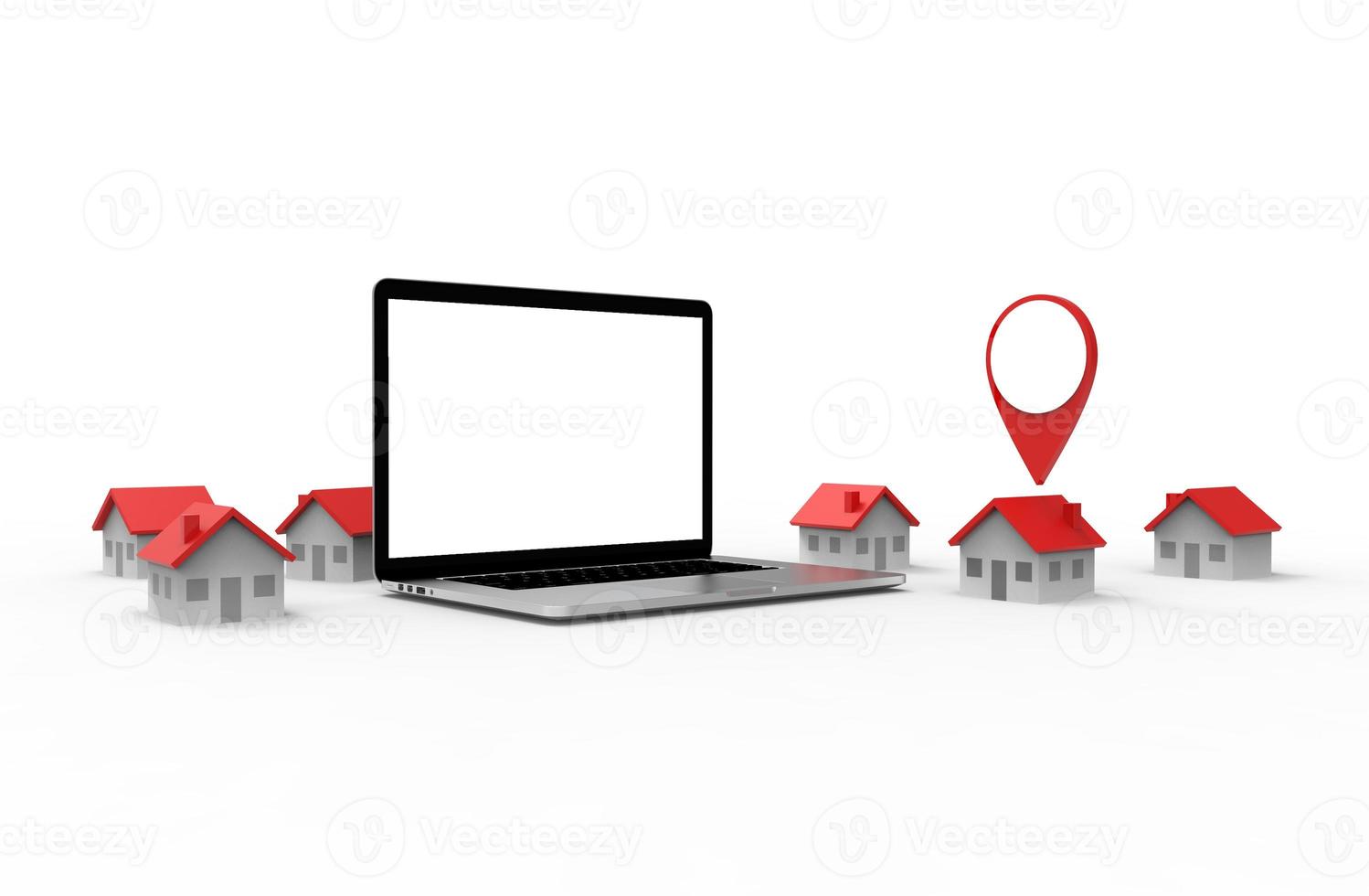 Standortsymbol und Haus setzen auf modernen Laptop isoliert auf weißem Hintergrund. 3D-Darstellung. foto