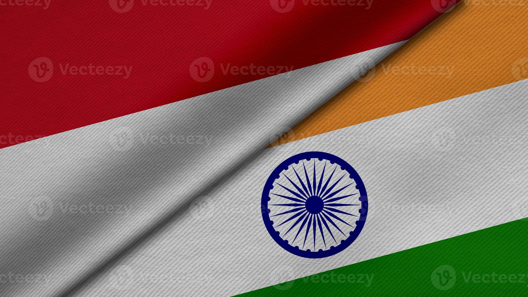 3D-Darstellung von zwei Flaggen aus der Republik Indonesien und Indien zusammen mit Stoffstruktur, bilateralen Beziehungen, Frieden und Konflikten zwischen Ländern, ideal für den Hintergrund foto