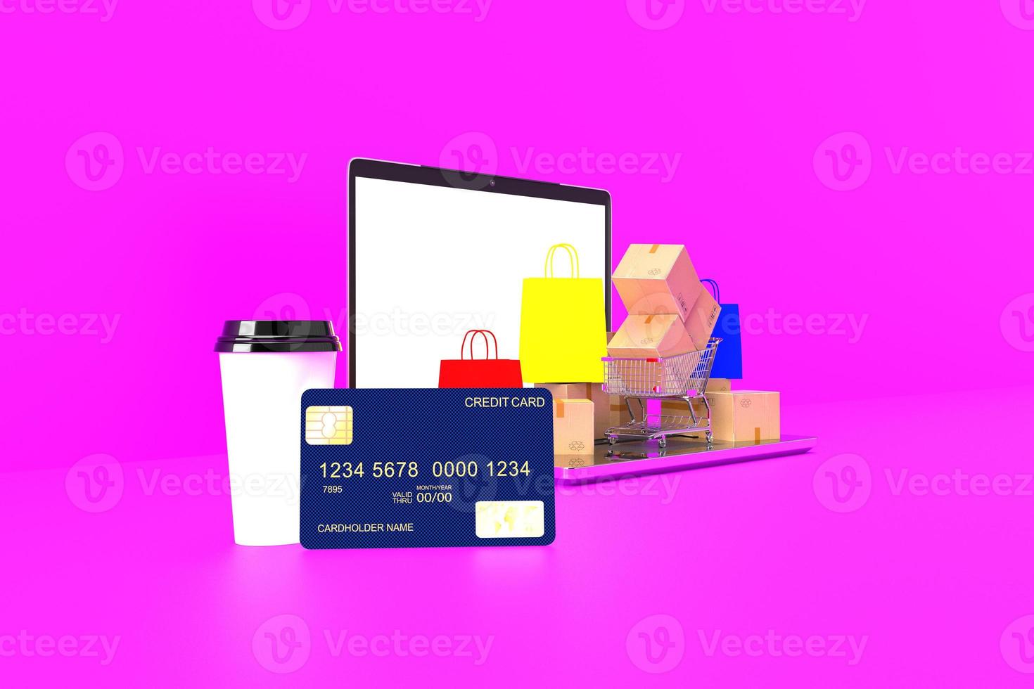 blau kreditkarte kaffeetasse tasche rot gelb box shop geschäft computer notizbuch laptop tablette zahlung geld internetanwendung online smartphone technologie digital e-commerce business website.3d render foto